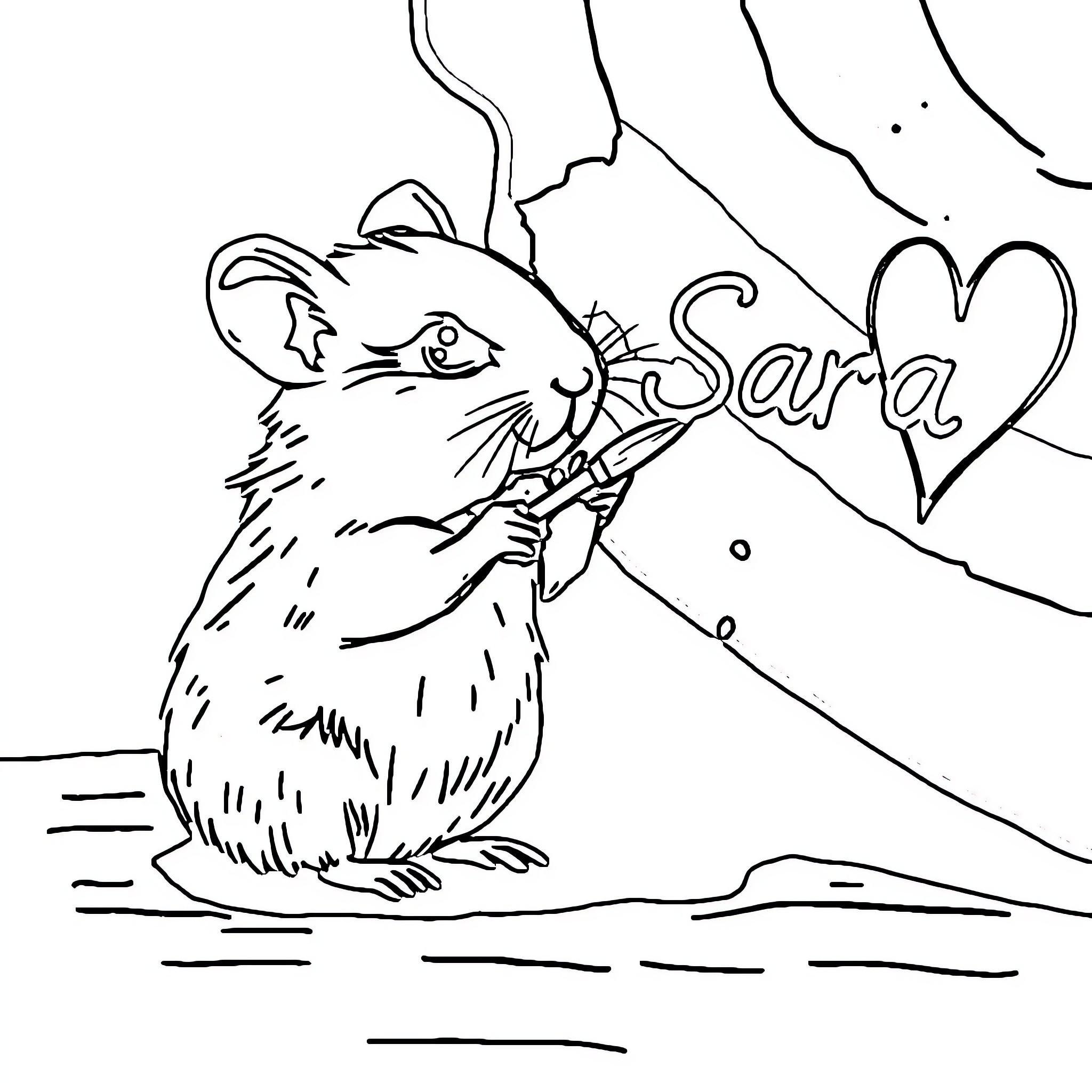 Hamster holding a heart and surrounded by swirling lines Coloring Page (free black-and-white line drawing printable PDF for all, from beginners to advanced learners, including children, teens, adults, and seniors)