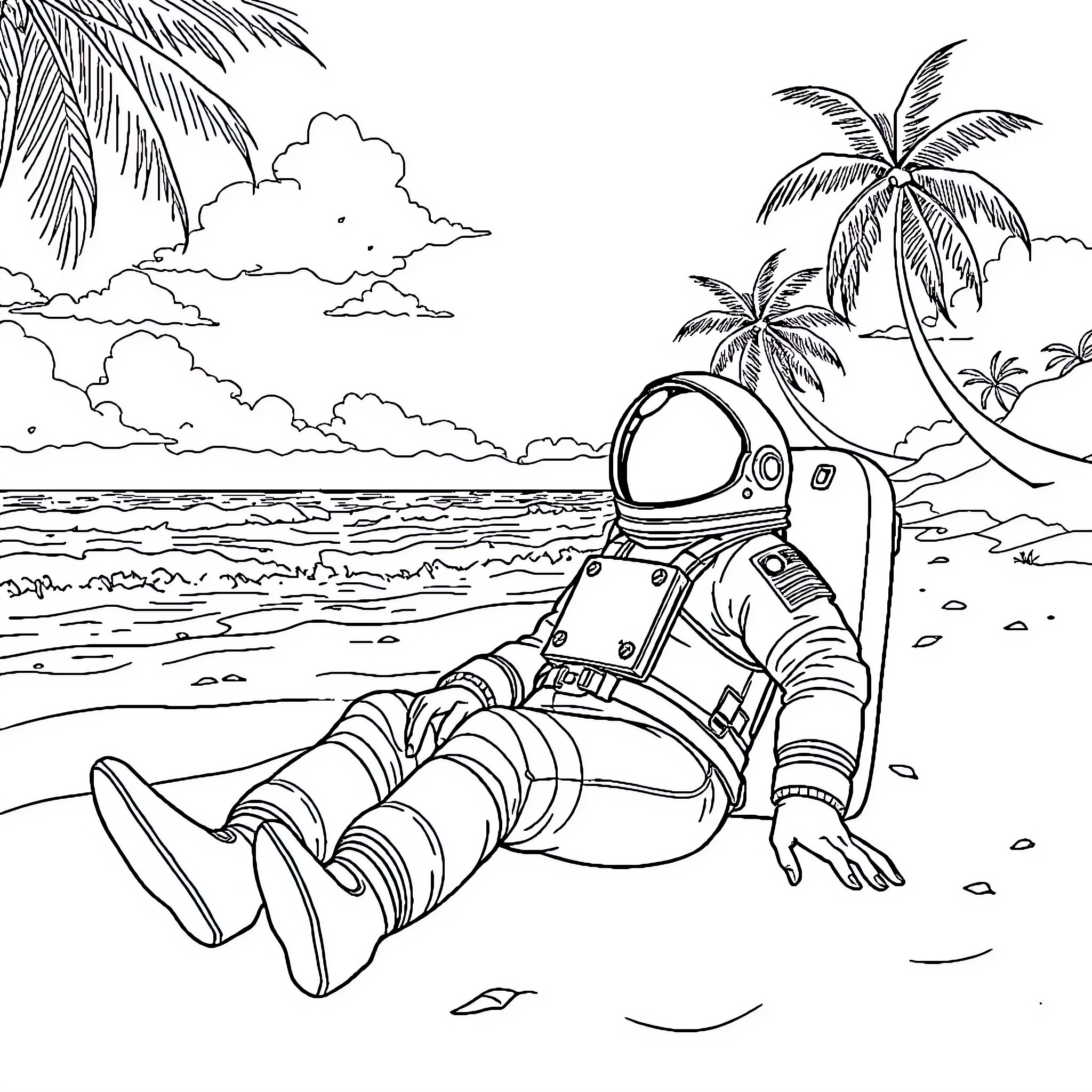 Astronaut relaxing on tropical beach with palm trees Coloring Page (free black-and-white line drawing printable PDF for all, from beginners to advanced learners, including children, teens, adults, and seniors)