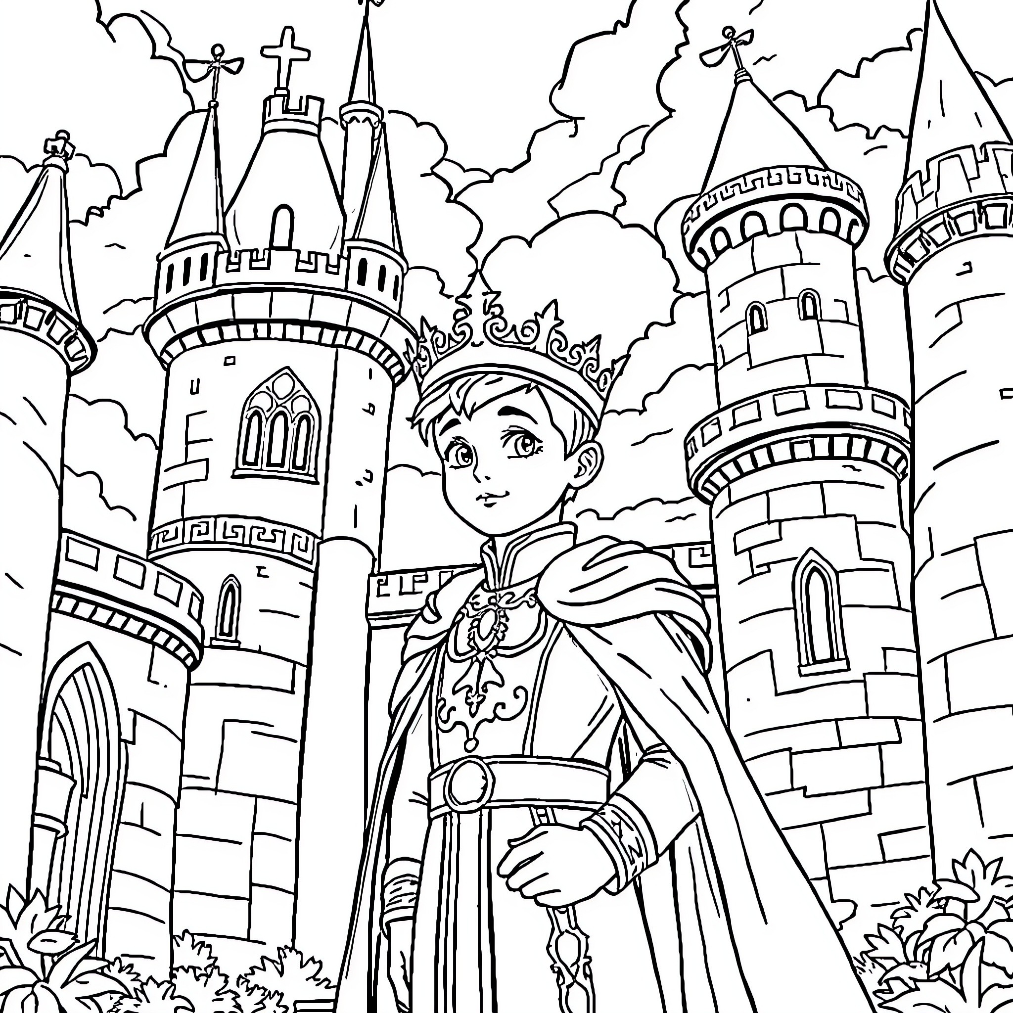 Prince Exploring the Enchanting Castle Towers Coloring Page (free black-and-white line drawing printable PDF for all, from beginners to advanced learners, including children, teens, adults, and seniors)