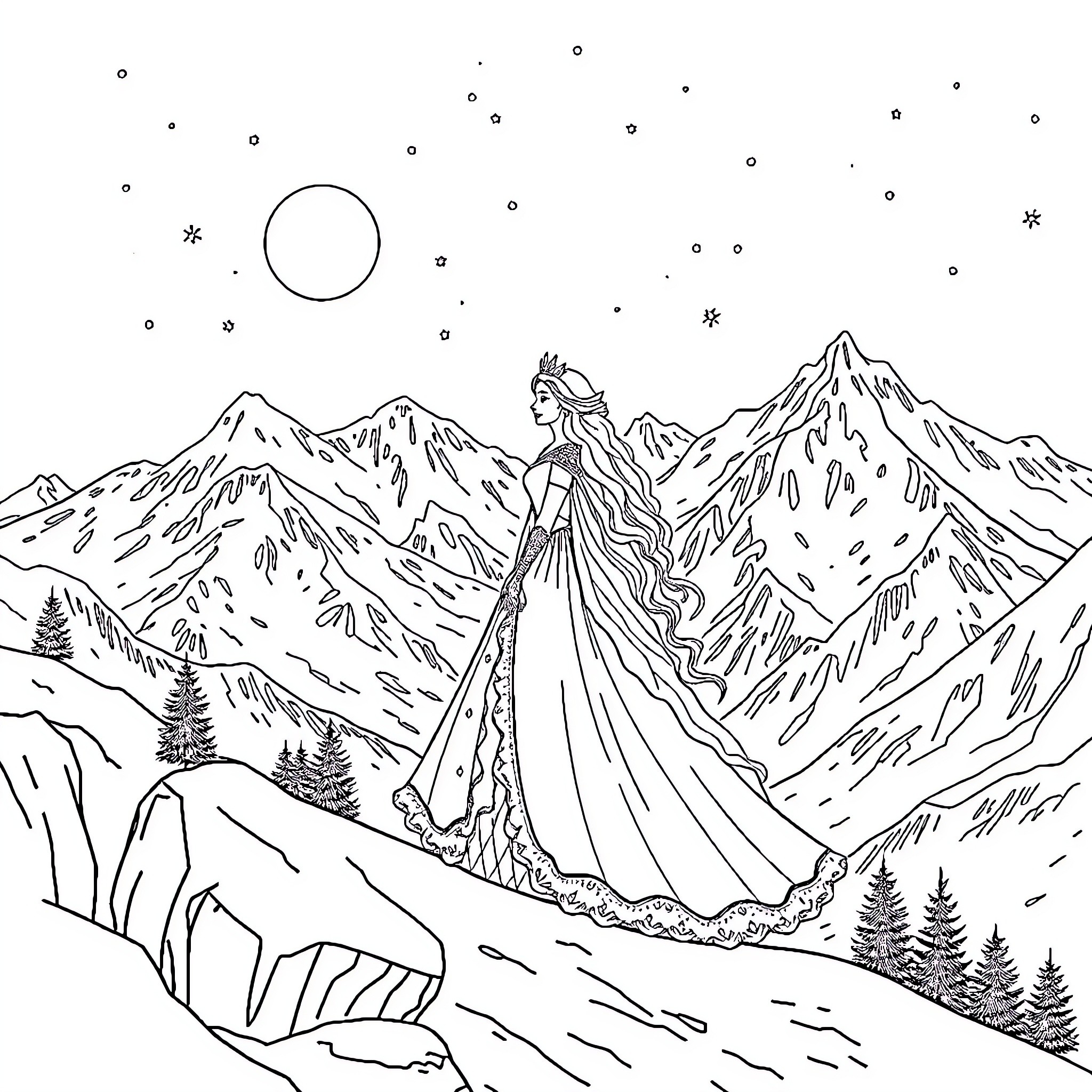 Queen embracing the wintry mountain landscape Coloring Page (free black-and-white line drawing printable PDF for all, from beginners to advanced learners, including children, teens, adults, and seniors)