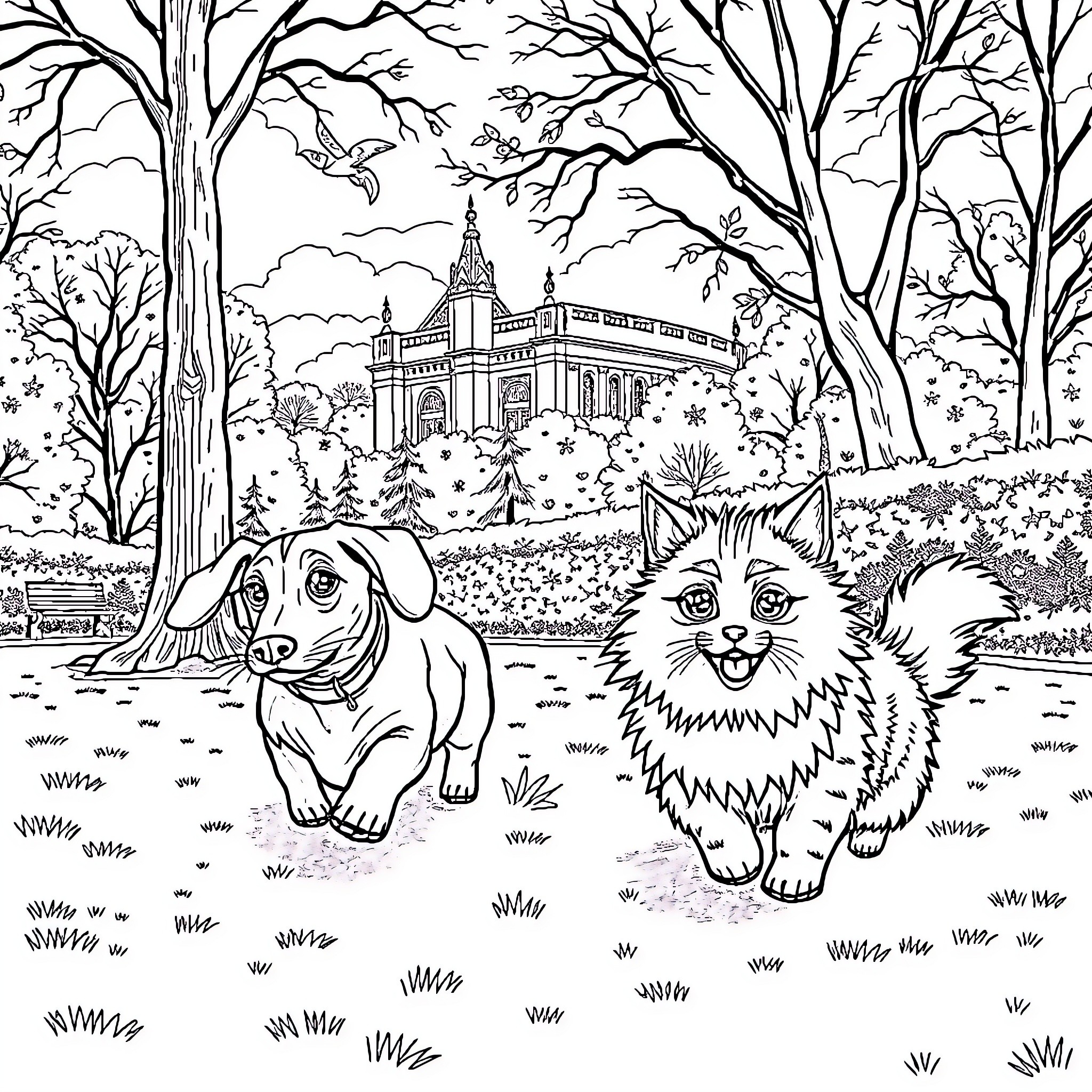 Dachshund and Fluffy Dog Explore the Scenic Park Coloring Page (free black-and-white line drawing printable PDF for all, from beginners to advanced learners, including children, teens, adults, and seniors)