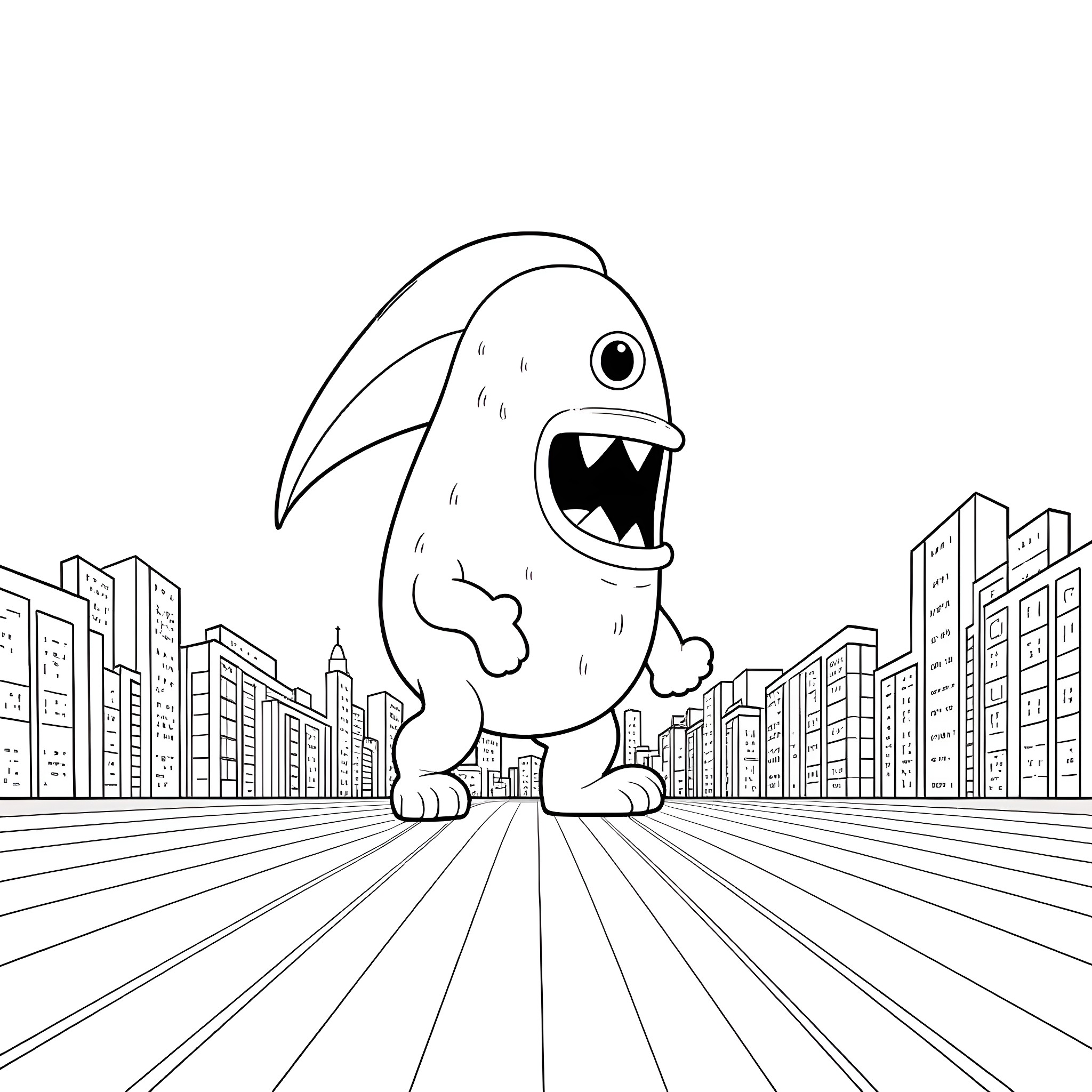 Cyclops monster stomping through the city Coloring Page (free black-and-white line drawing printable PDF for all, from beginners to advanced learners, including children, teens, adults, and seniors)