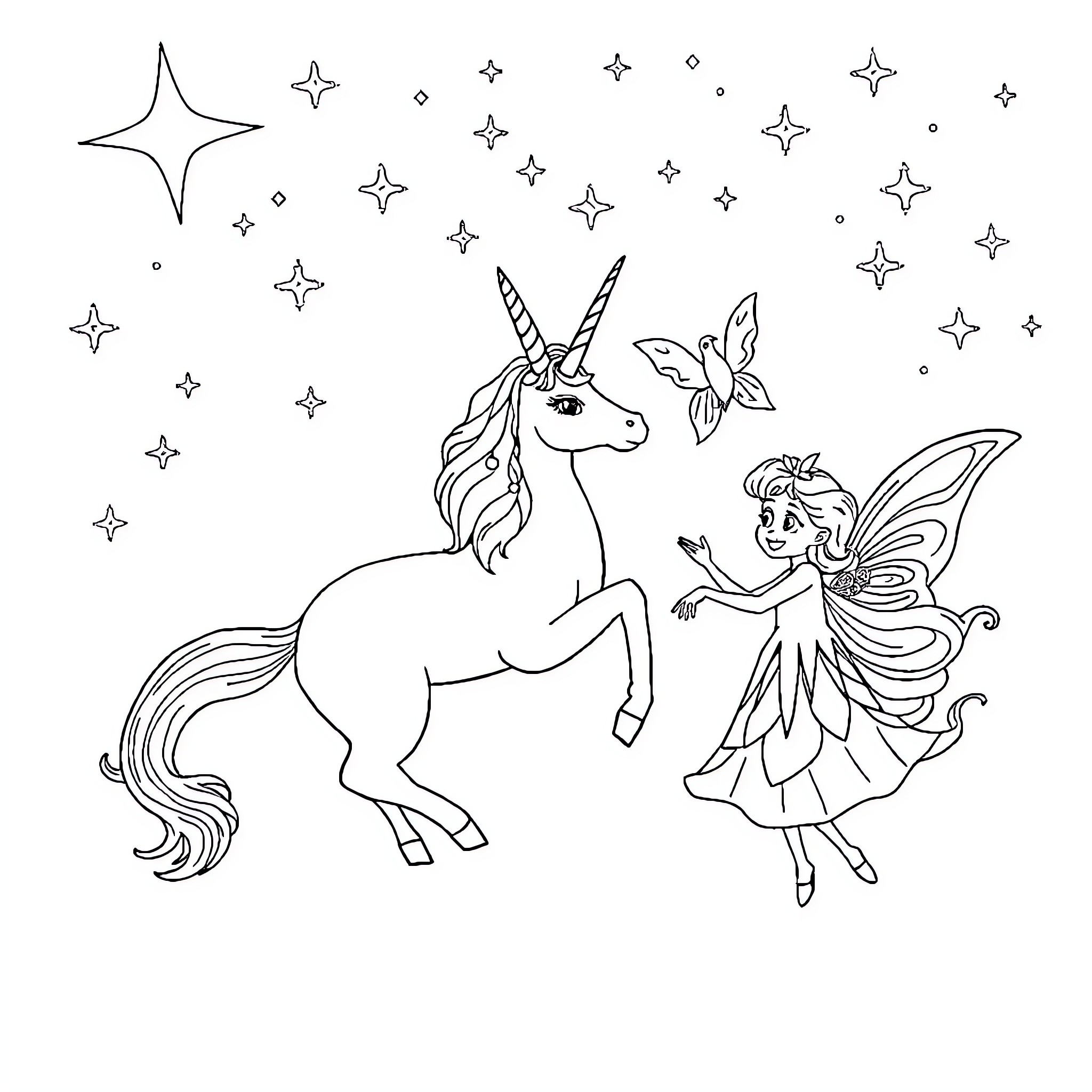 Unicorn and fairy dancing among the stars Coloring Page (free black-and-white line drawing printable PDF for all, from beginners to advanced learners, including children, teens, adults, and seniors)