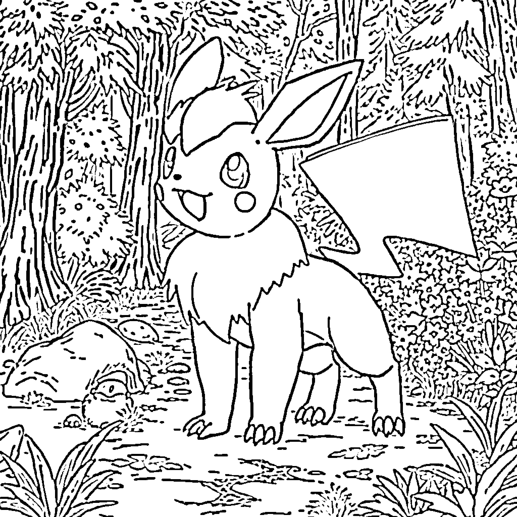 Pokémon Eevee enjoying the forest scenery Coloring Page (free black-and-white line drawing printable PDF for all, from beginners to advanced learners, including children, teens, adults, and seniors)