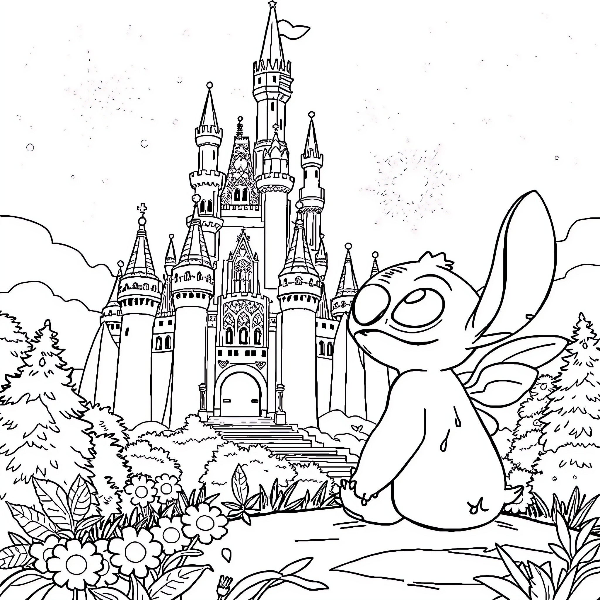 Château of Fairy Tale Characters and Scenery Coloring Page (free black-and-white line drawing printable PDF for all, from beginners to advanced learners, including children, teens, adults, and seniors)