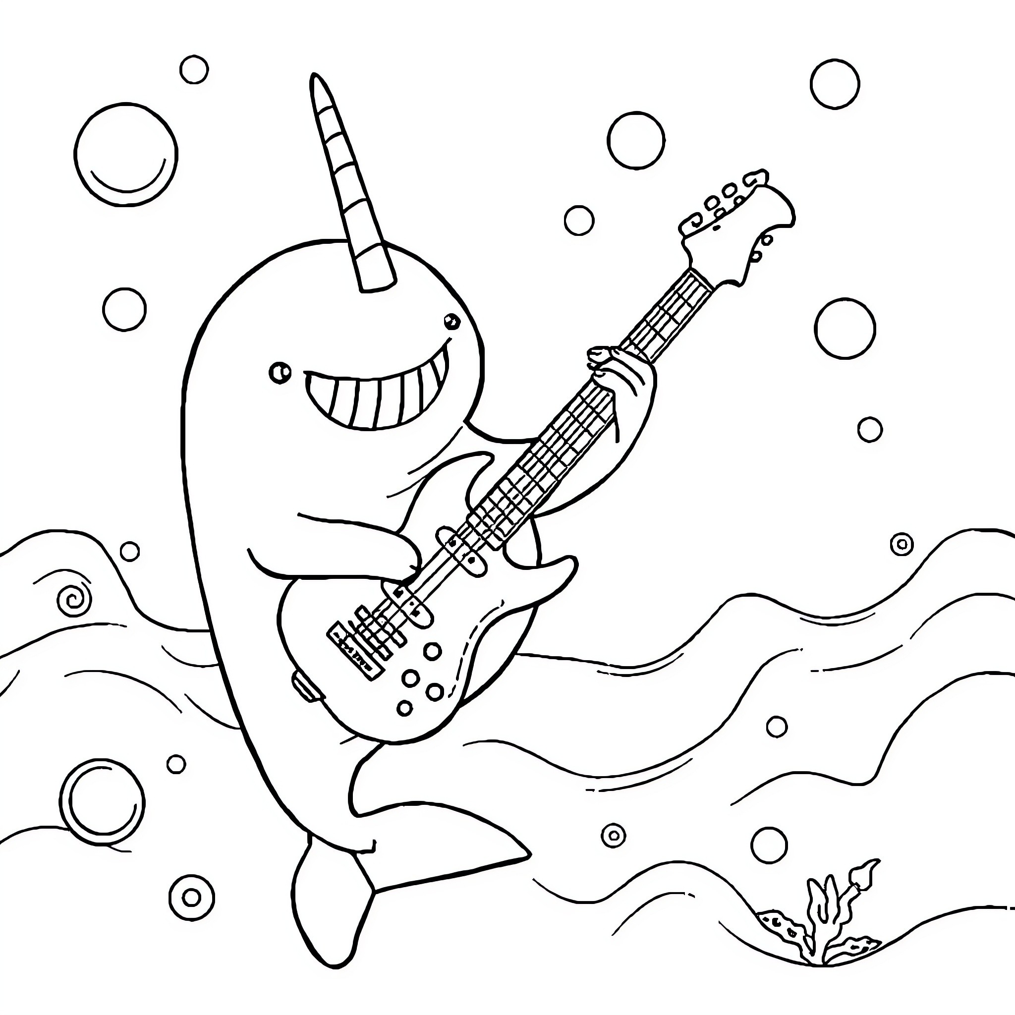 Narwhal playing electric guitar in the ocean Coloring Page (free black-and-white line drawing printable PDF for all, from beginners to advanced learners, including children, teens, adults, and seniors)