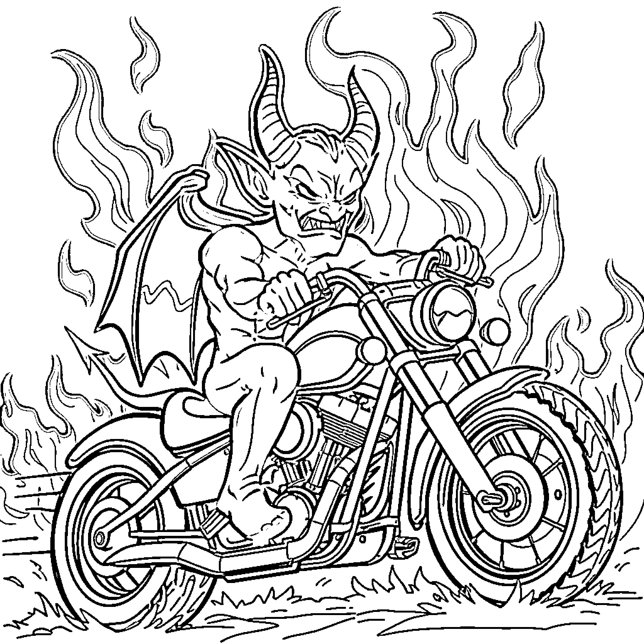 Devil Riding a Fiery Motorcycle in Action Coloring Page (free black-and-white line drawing printable PDF for all, from beginners to advanced learners, including children, teens, adults, and seniors)