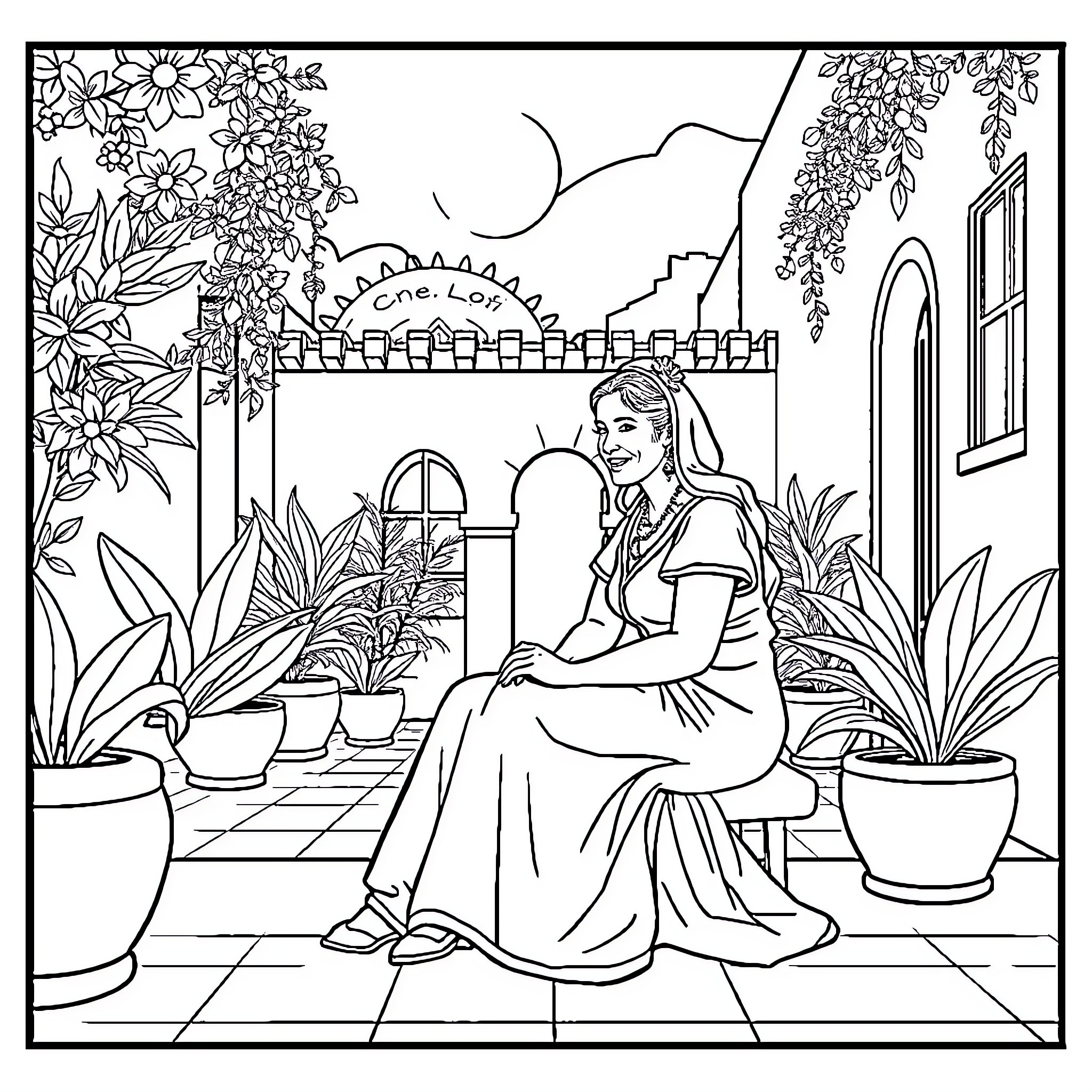 Señora enjoying tranquil garden setting Coloring Page (free black-and-white line drawing printable PDF for all, from beginners to advanced learners, including children, teens, adults, and seniors)
