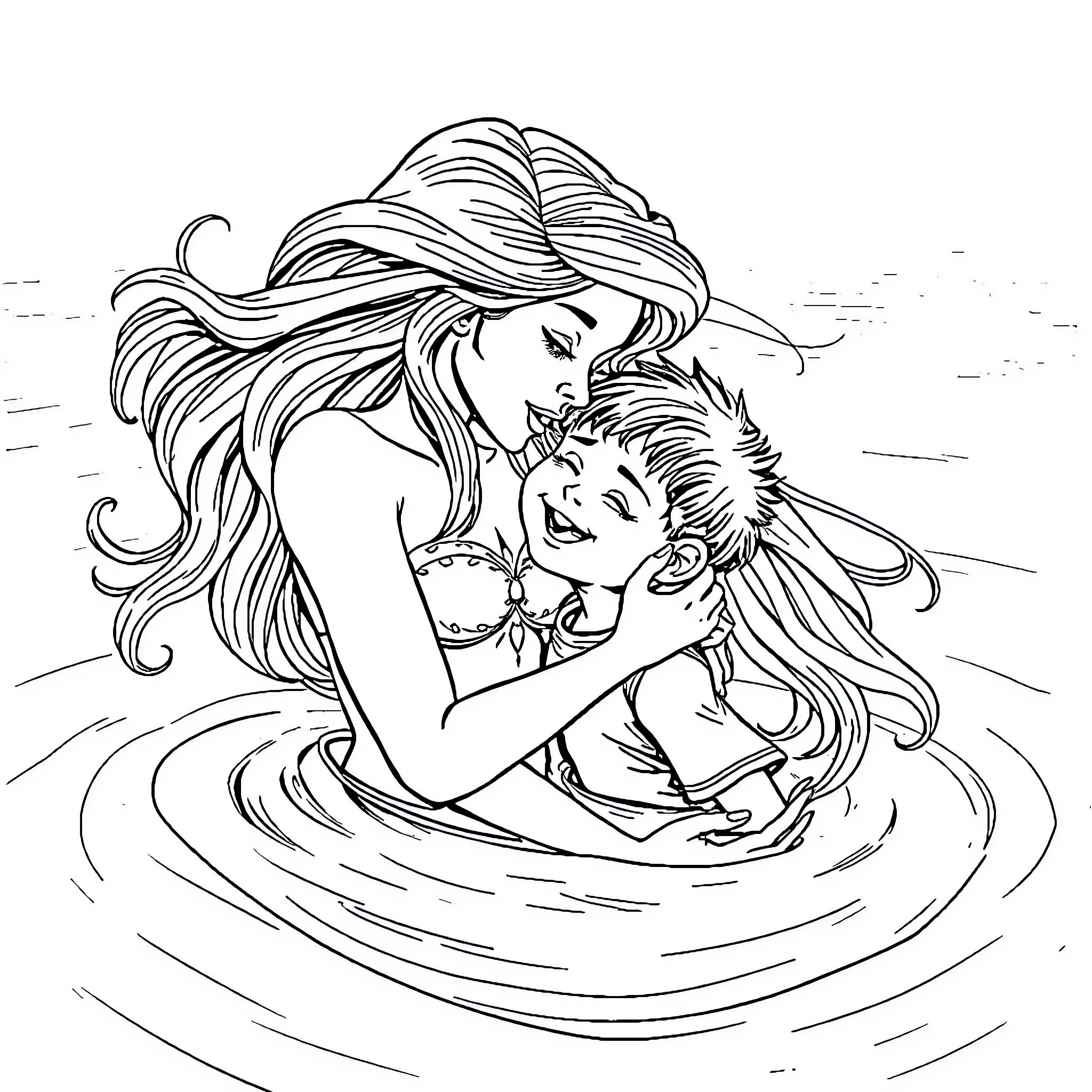 Siren comforting a distressed child in the water Coloring Page (free black-and-white line drawing printable PDF for all, from beginners to advanced learners, including children, teens, adults, and seniors)