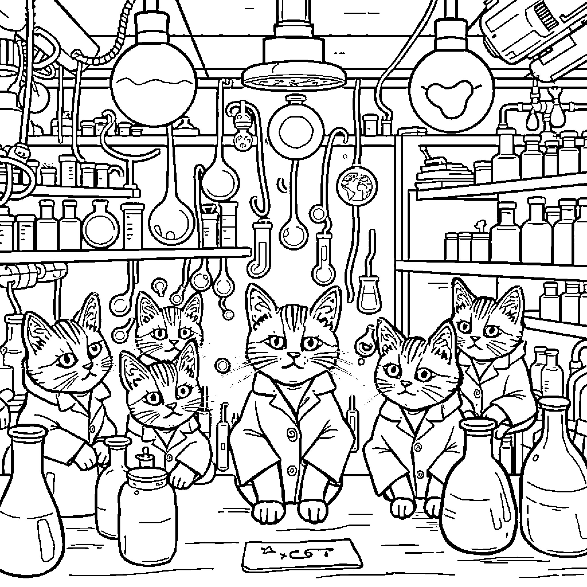 Cats in a Whimsical Laboratory Coloring Page (free black-and-white line drawing printable PDF for all, from beginners to advanced learners, including children, teens, adults, and seniors)
