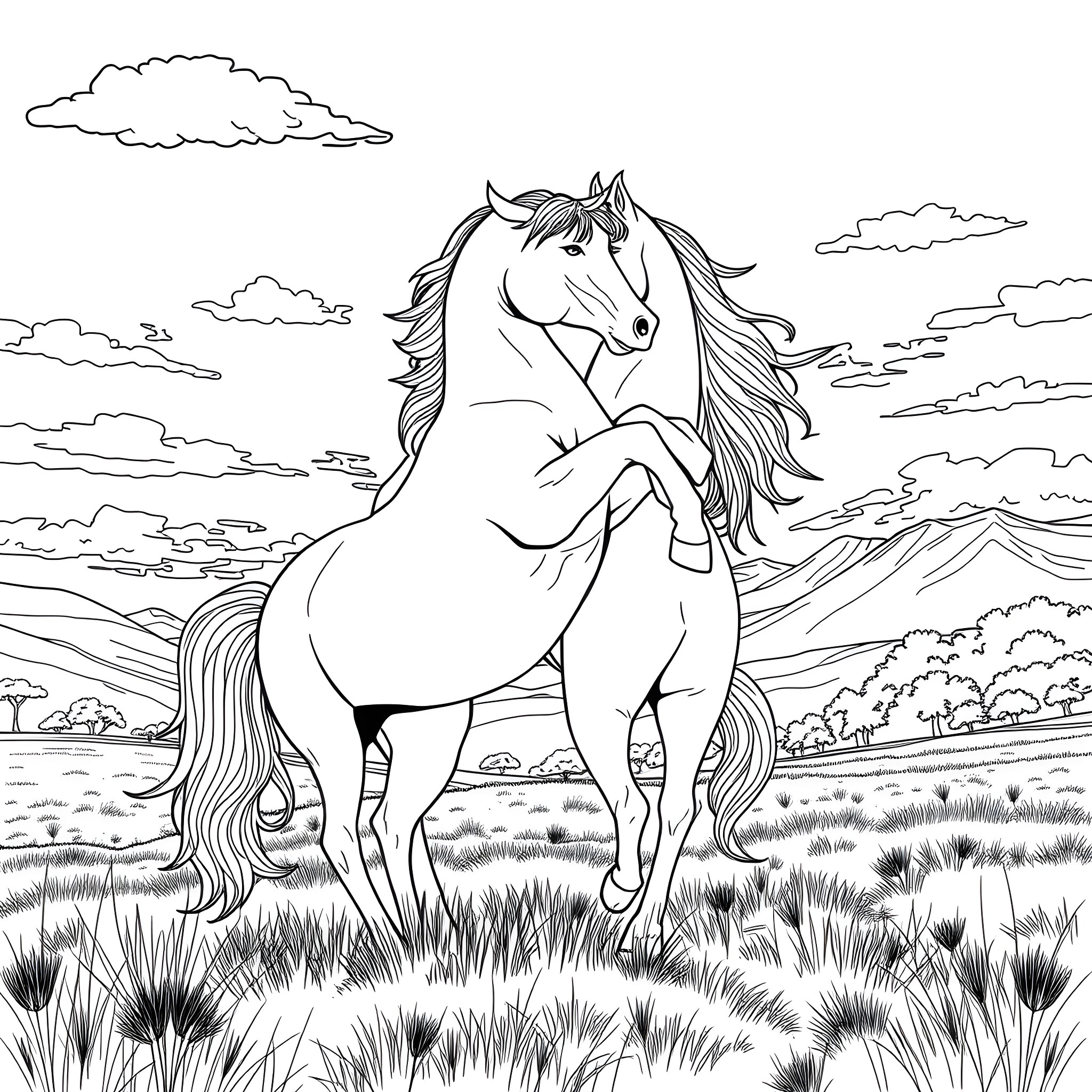 Horse Standing Proudly in Scenic Landscape Coloring Page (free black-and-white line drawing printable PDF for all, from beginners to advanced learners, including children, teens, adults, and seniors)