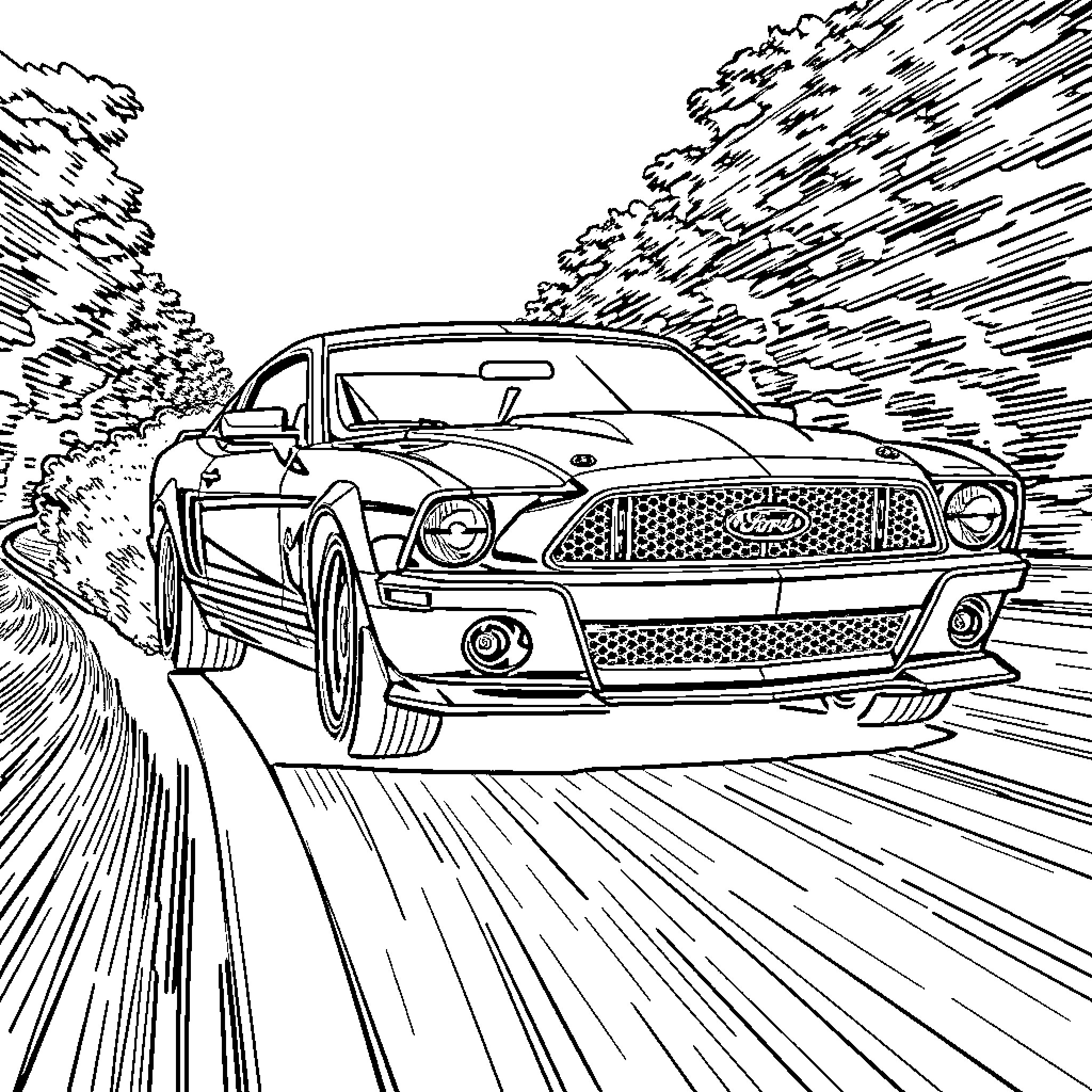 Ford sports car speeding through a wooded road Coloring Page (free black-and-white line drawing printable PDF for all, from beginners to advanced learners, including children, teens, adults, and seniors)