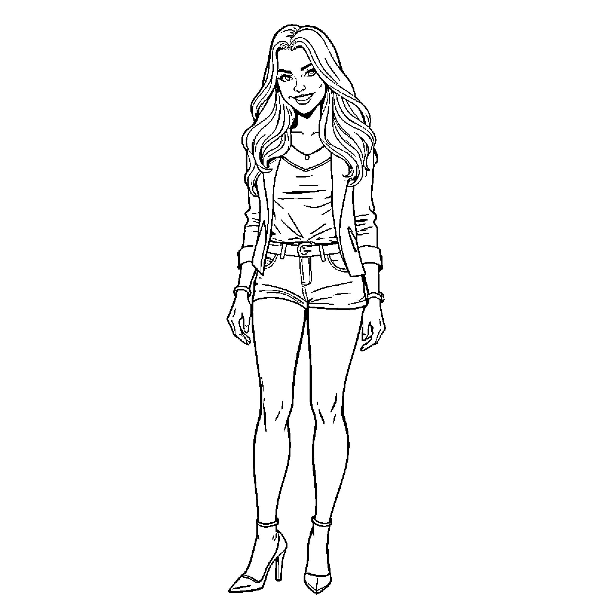 Stacy Keibler posing in stylish casual outfit Coloring Page (free black-and-white line drawing printable PDF for all, from beginners to advanced learners, including children, teens, adults, and seniors)