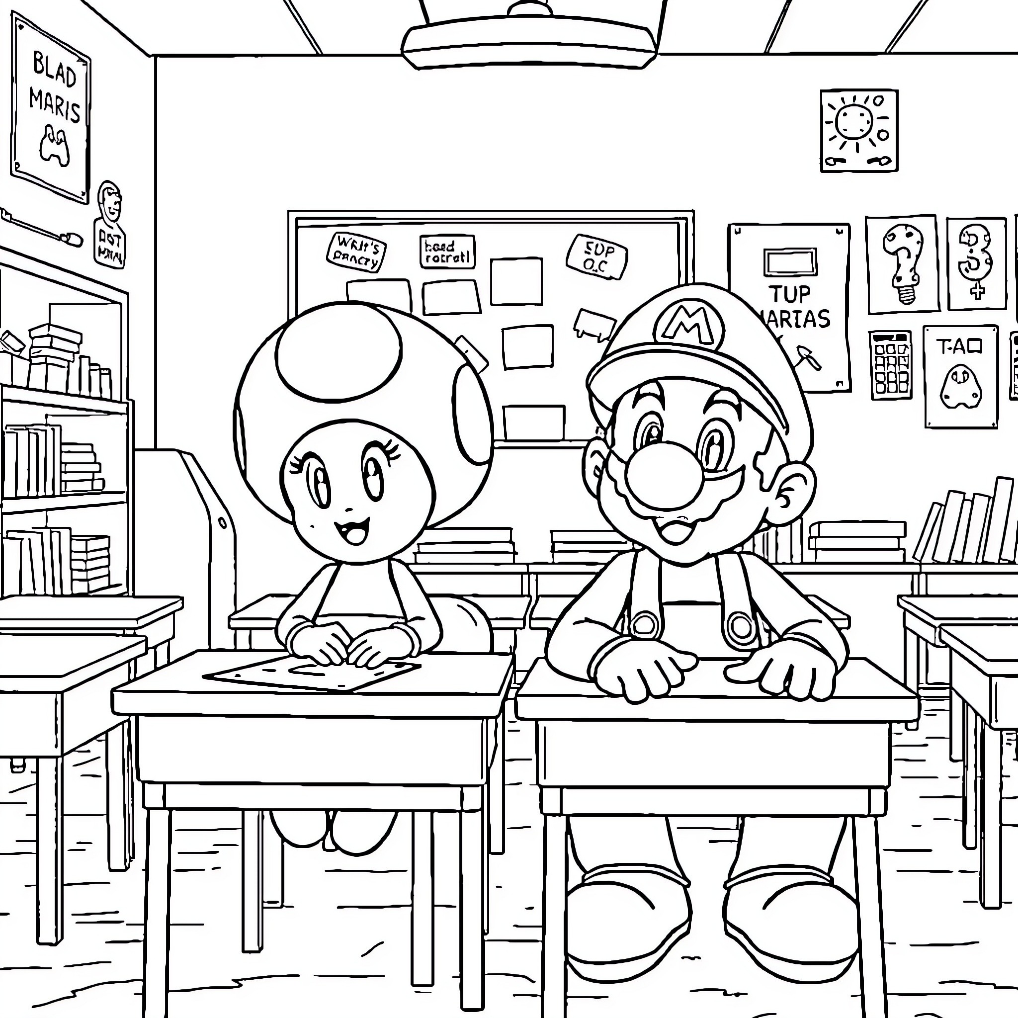 Toad and Mario in a classroom setting Coloring Page (free black-and-white line drawing printable PDF for all, from beginners to advanced learners, including children, teens, adults, and seniors)