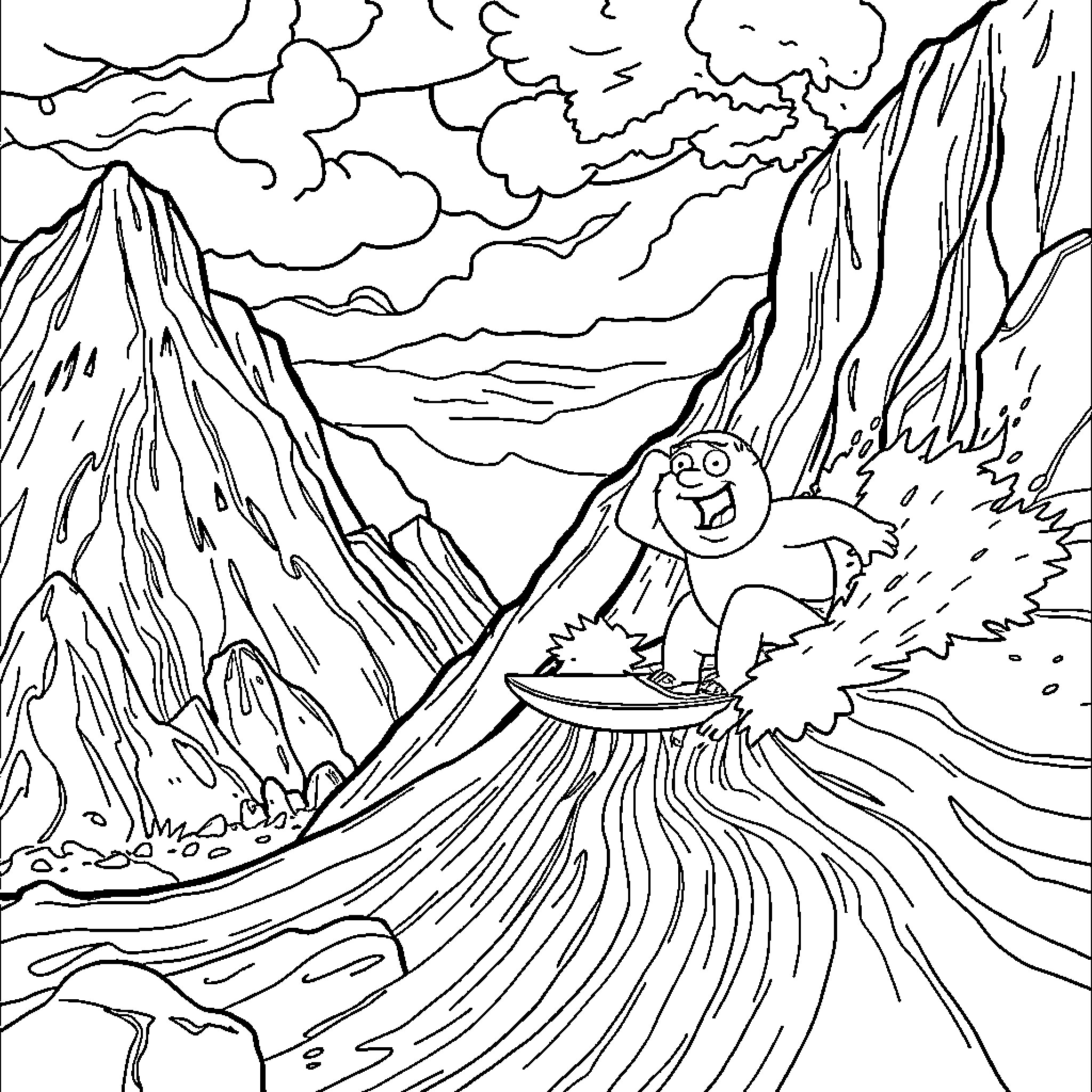 Peter Griffin's Mountainous Adventure Coloring Page (free black-and-white line drawing printable PDF for all, from beginners to advanced learners, including children, teens, adults, and seniors)