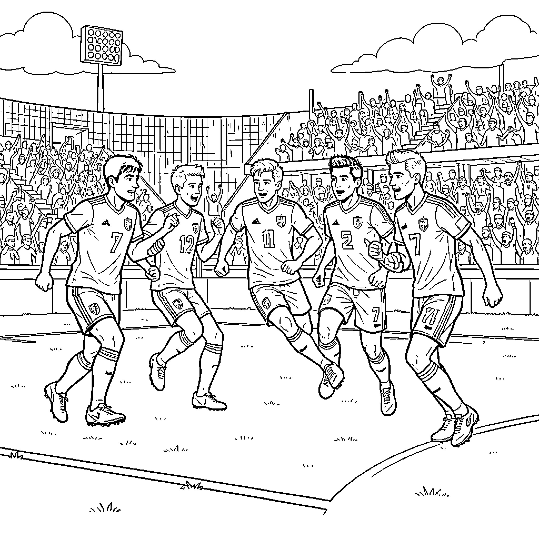 Switzerland Soccer Team players celebrating a goal on field Coloring Page (free black-and-white line drawing printable PDF for all, from beginners to advanced learners, including children, teens, adults, and seniors)