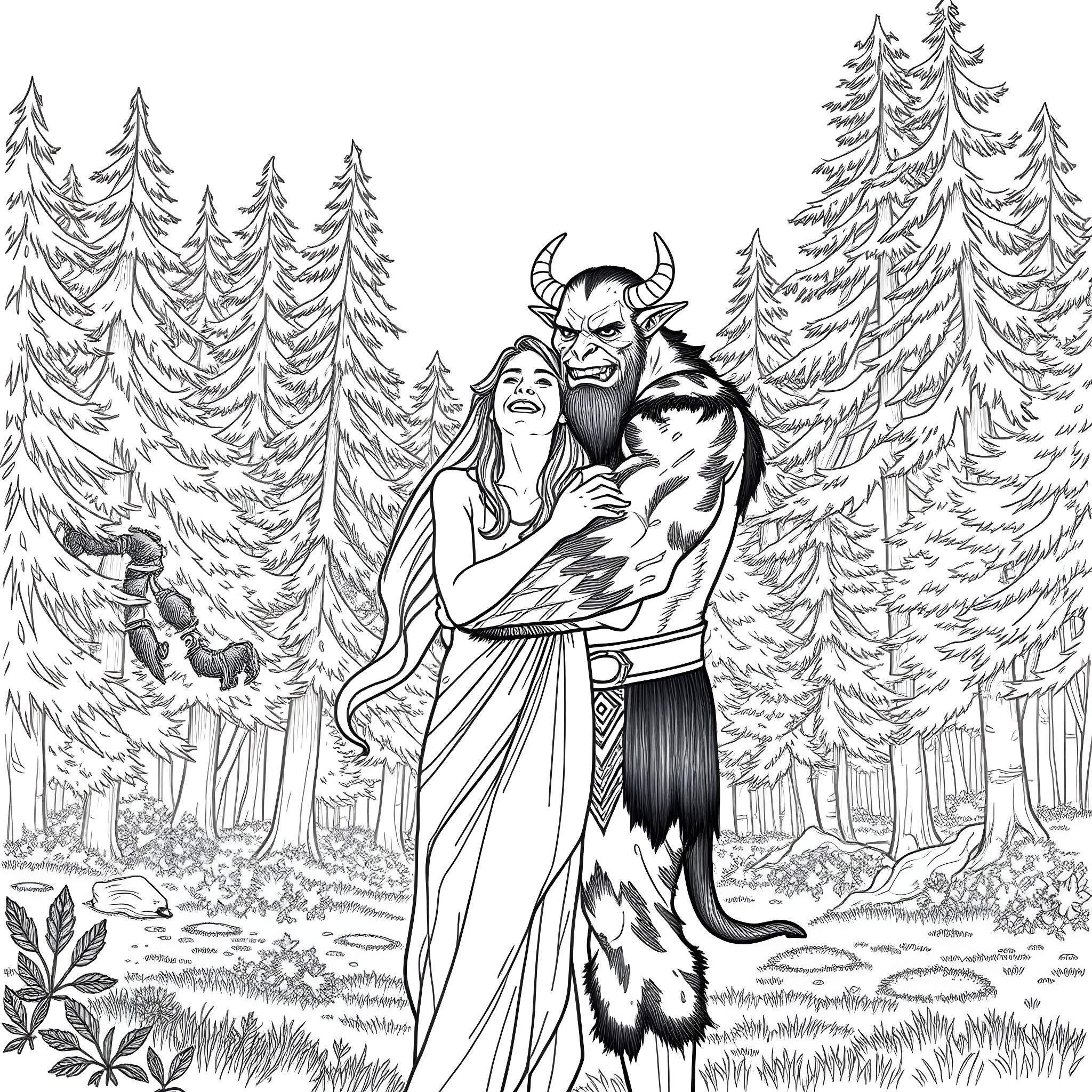 Woman embracing a fearsome mythical creature in the forest Coloring Page (free black-and-white line drawing printable PDF for all, from beginners to advanced learners, including children, teens, adults, and seniors)