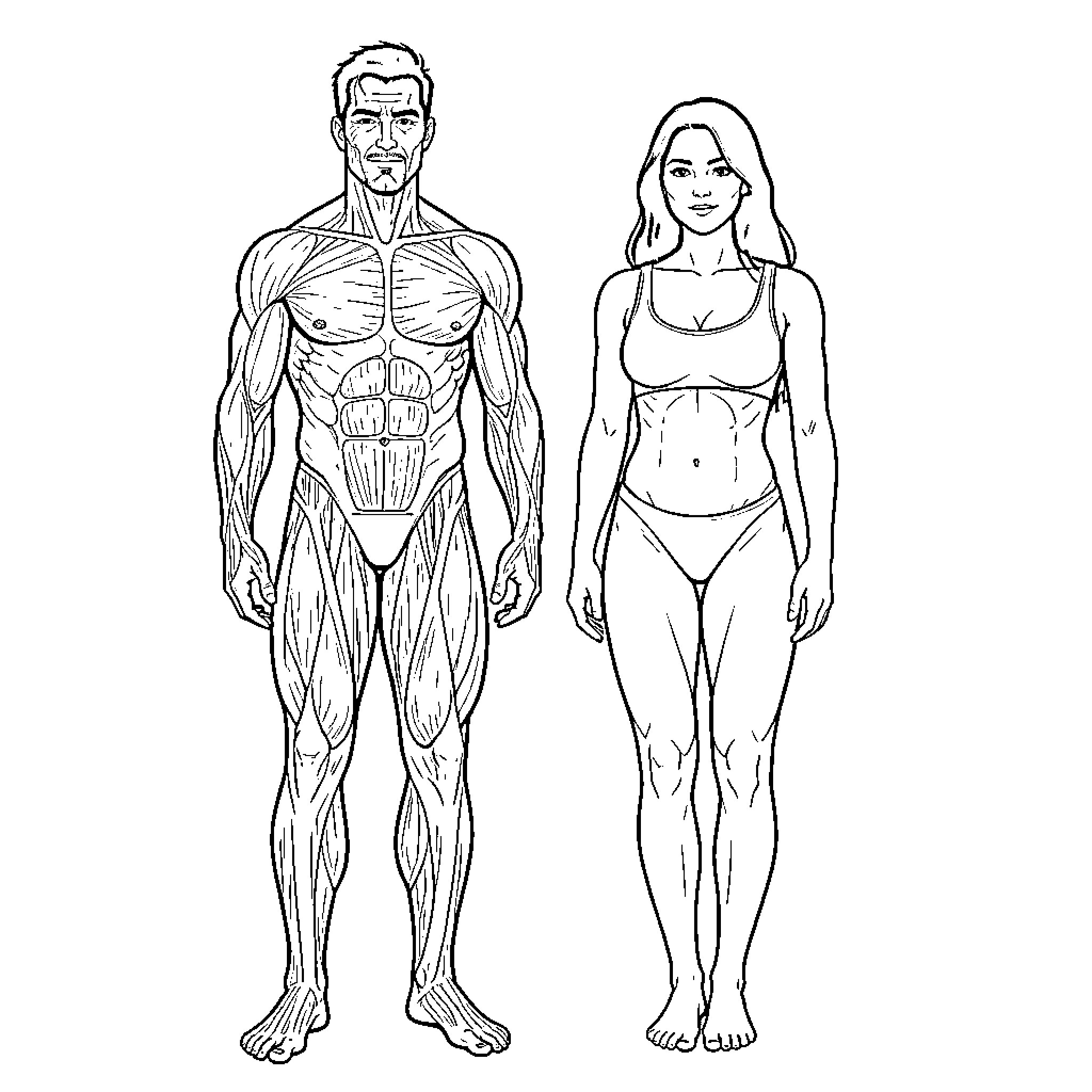 Human Figures in Anatomical Form Coloring Page (free black-and-white line drawing printable PDF for all, from beginners to advanced learners, including children, teens, adults, and seniors)