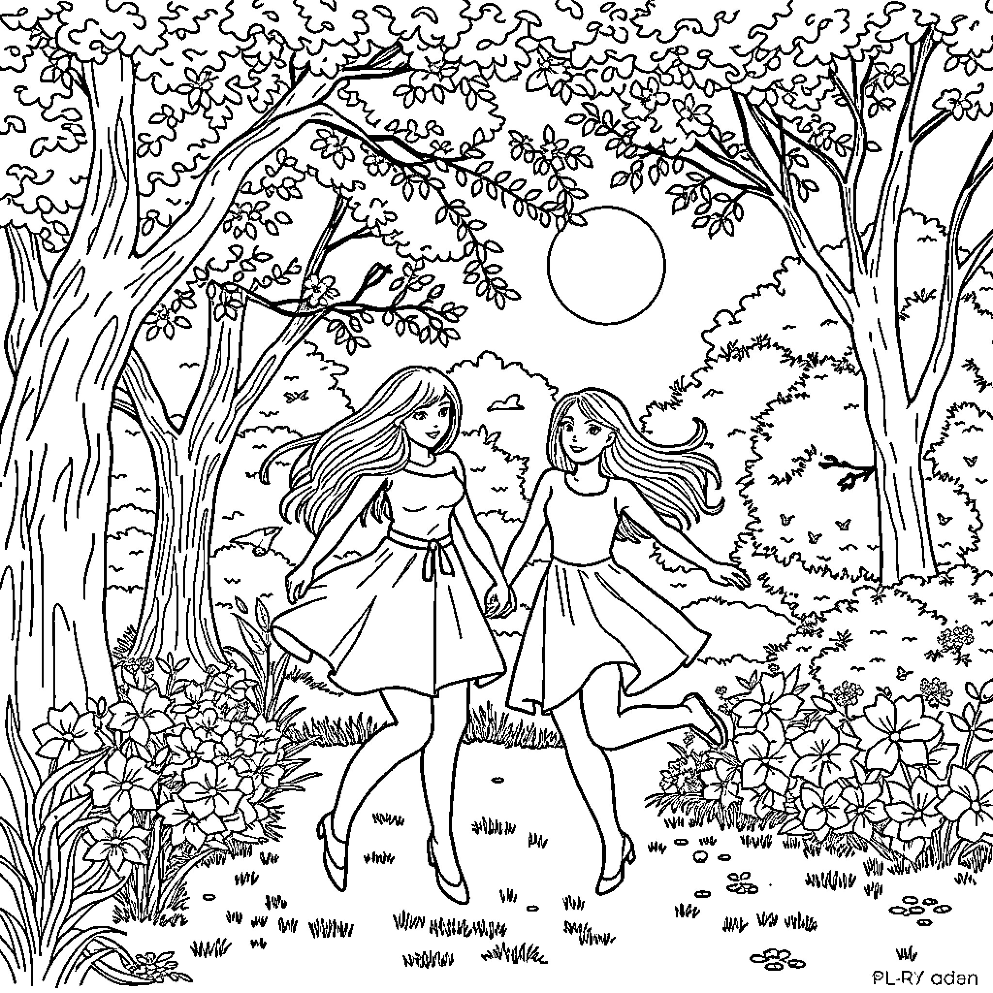 Friends enjoying a peaceful walk in the enchanted forest Coloring Page (free black-and-white line drawing printable PDF for all, from beginners to advanced learners, including children, teens, adults, and seniors)