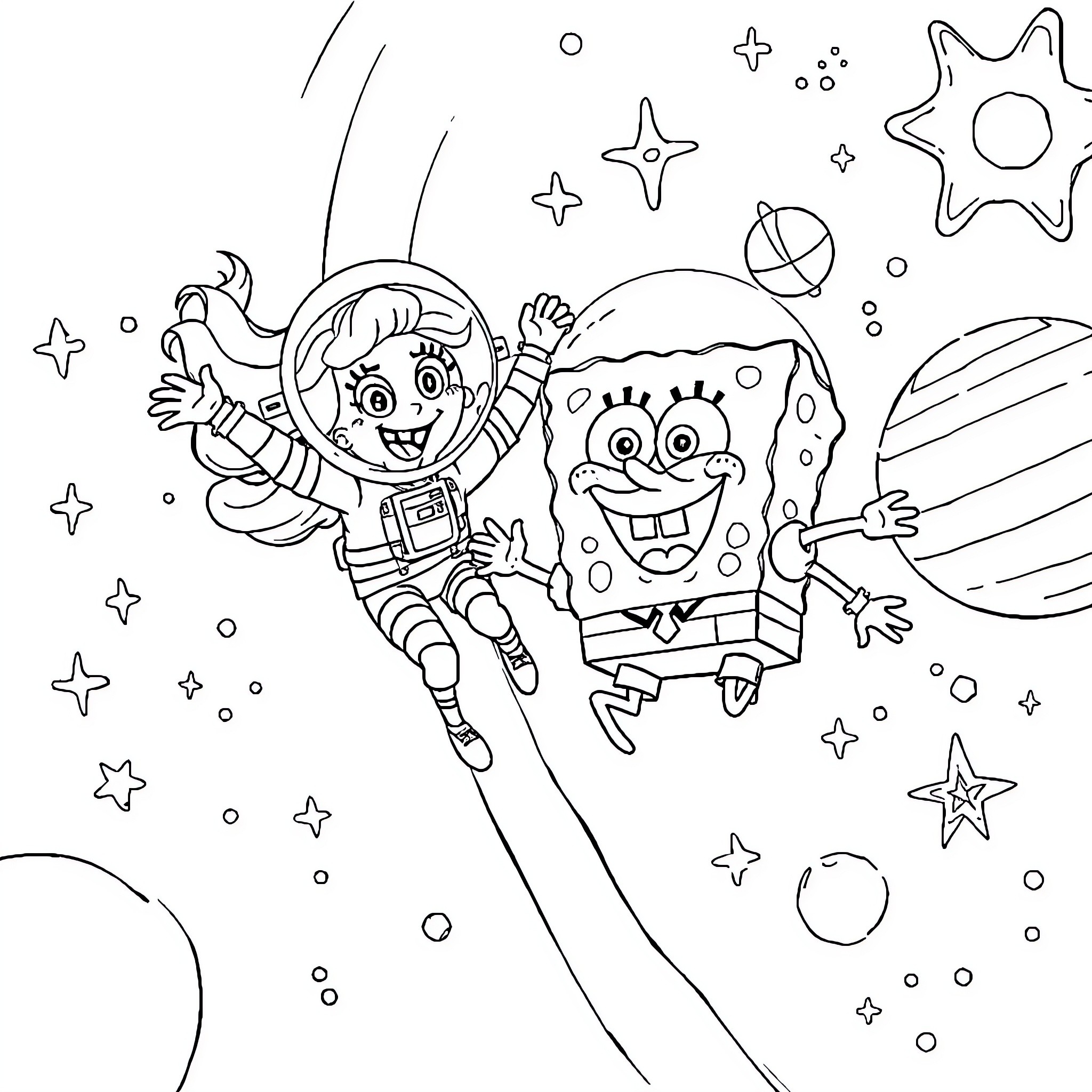 Sabrina Carpenter exploring the cosmos with SpongeBob Coloring Page (free black-and-white line drawing printable PDF for all, from beginners to advanced learners, including children, teens, adults, and seniors)