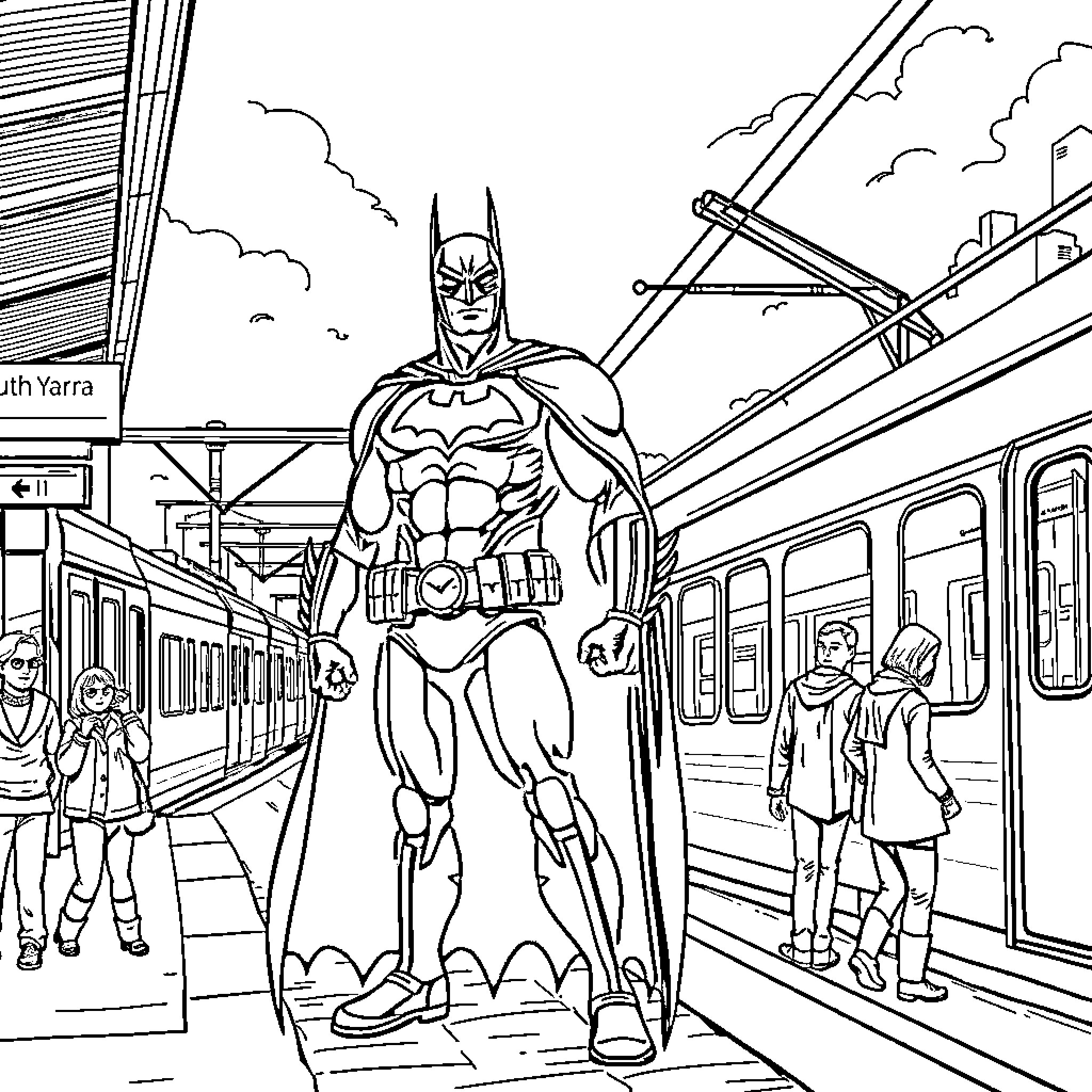 Batman heroically standing on a train platform Coloring Page (free black-and-white line drawing printable PDF for all, from beginners to advanced learners, including children, teens, adults, and seniors)