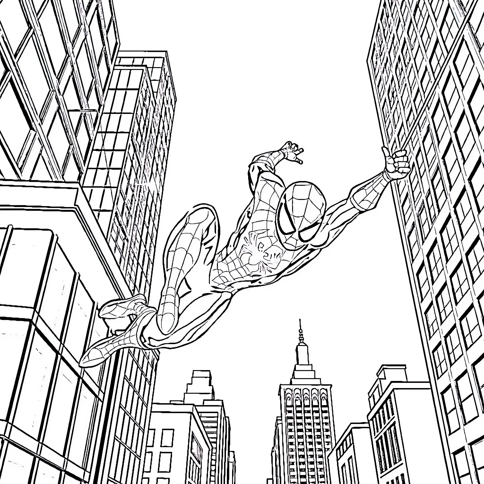 Spider-Man swinging through the city skyline Coloring Page (free black-and-white line drawing printable PDF for all, from beginners to advanced learners, including children, teens, adults, and seniors)