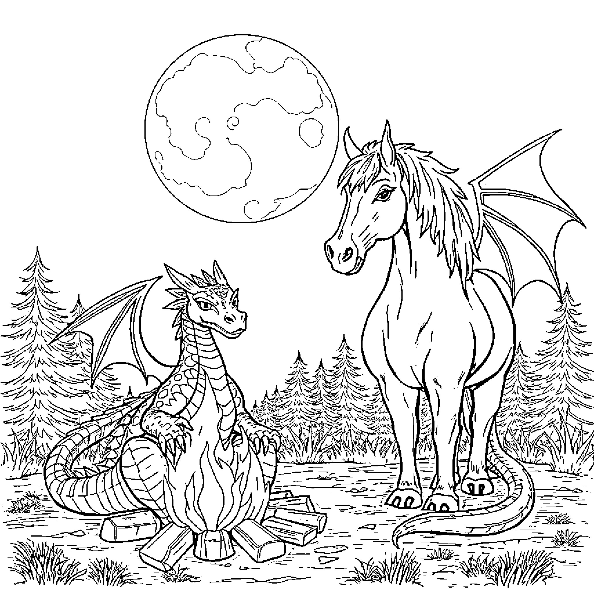 Dragon and Winged Horse in Moonlit Wilderness Coloring Page (free black-and-white line drawing printable PDF for all, from beginners to advanced learners, including children, teens, adults, and seniors)