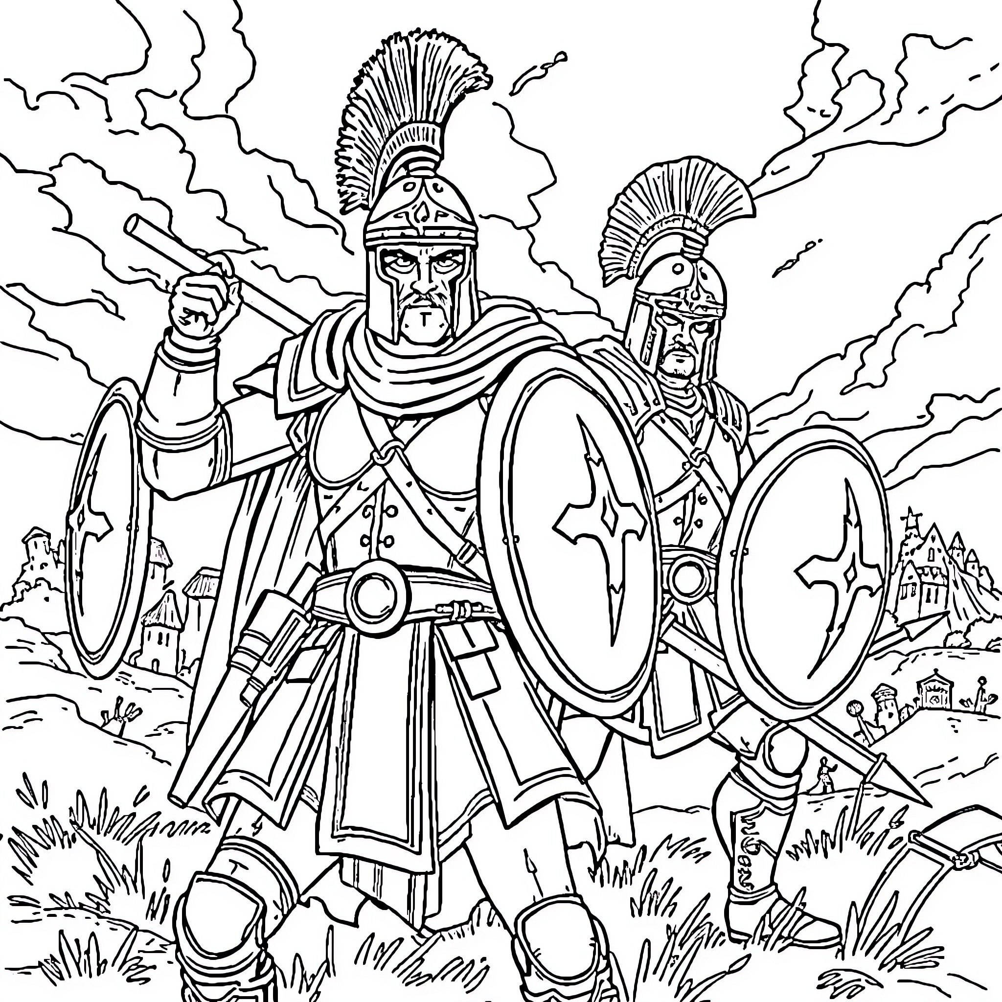 Roman Soldiers Engaged in Battle with Weapons and Shields Coloring Page (free black-and-white line drawing printable PDF for all, from beginners to advanced learners, including children, teens, adults, and seniors)