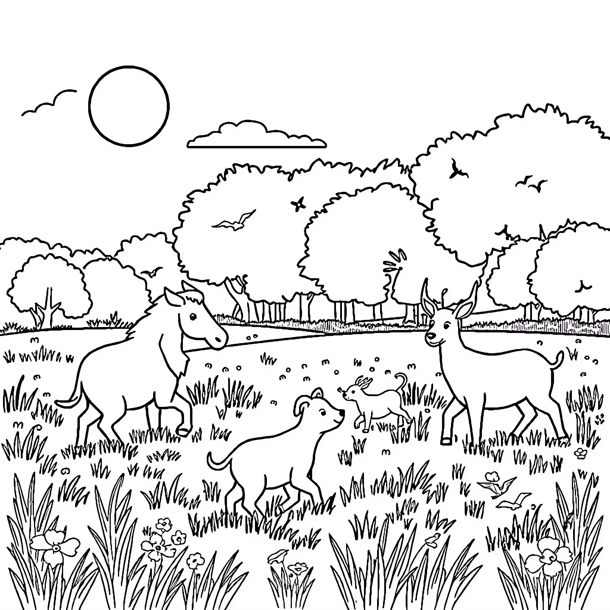 Animals roaming in a natural landscape Coloring Page (free black-and-white line drawing printable PDF for all, from beginners to advanced learners, including children, teens, adults, and seniors)
