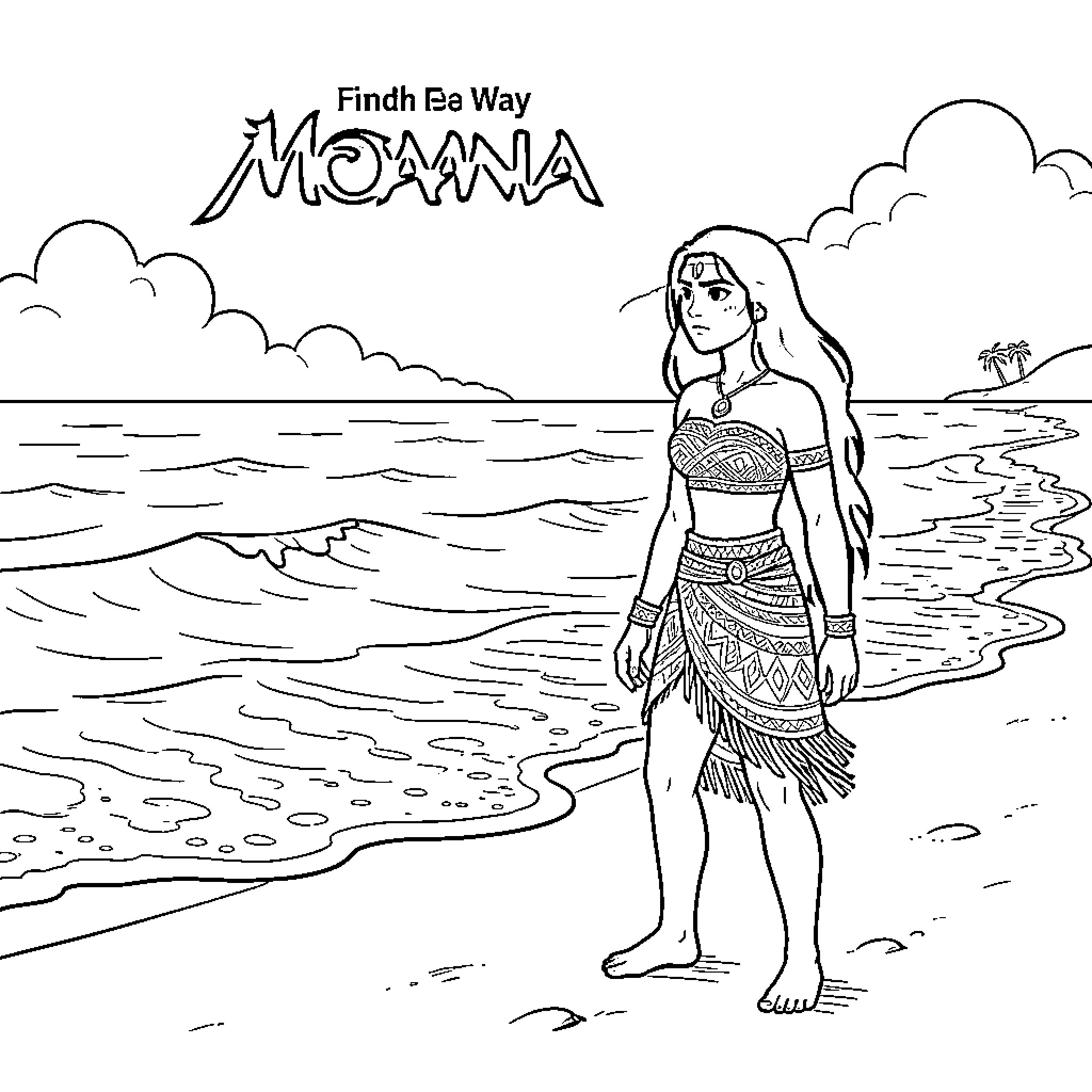 Moana standing thoughtfully on a tropical beach Coloring Page (free black-and-white line drawing printable PDF for all, from beginners to advanced learners, including children, teens, adults, and seniors)