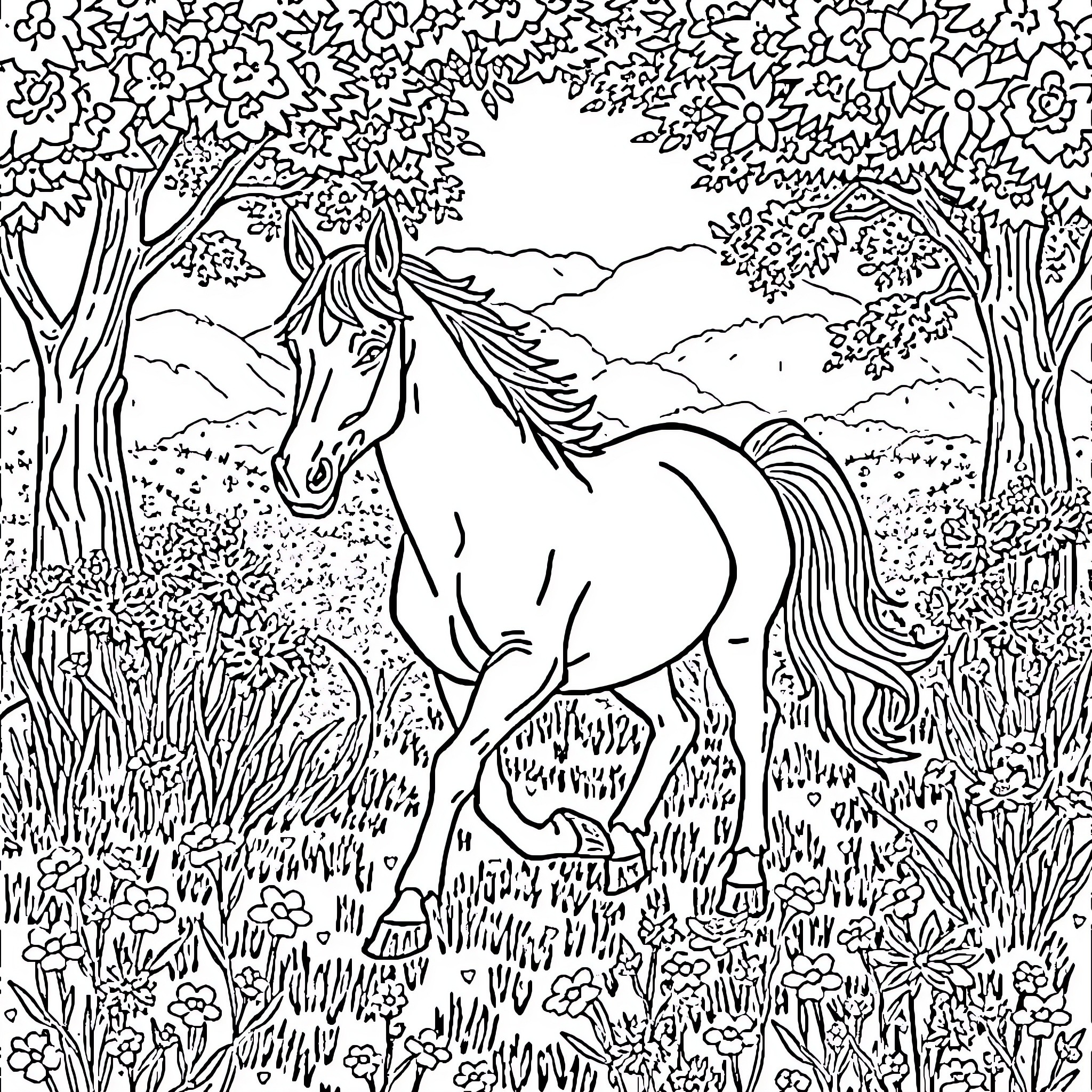Caballo enjoying the serene forest landscape Coloring Page (free black-and-white line drawing printable PDF for all, from beginners to advanced learners, including children, teens, adults, and seniors)