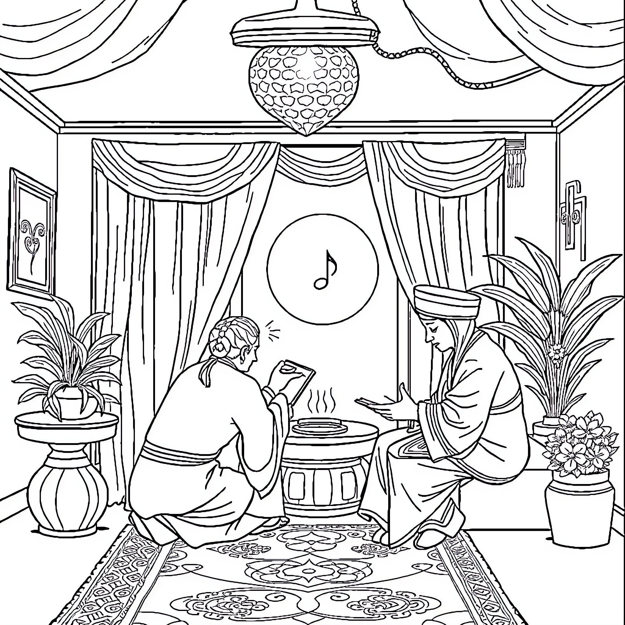 Tun Relaxing Musicians Performing in Decorated Parlor Coloring Page (free black-and-white line drawing printable PDF for all, from beginners to advanced learners, including children, teens, adults, and seniors)