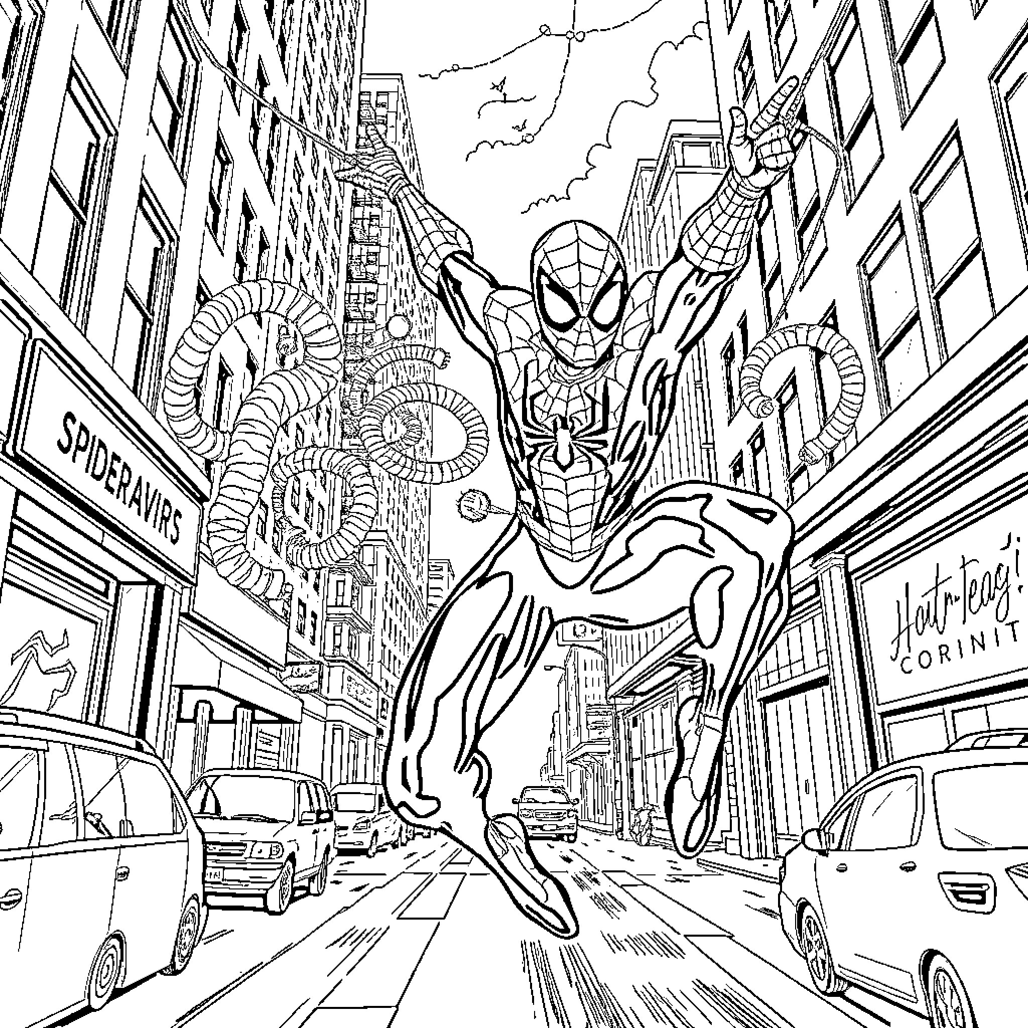 Spider-Man swinging through the city Coloring Page (free black-and-white line drawing printable PDF for all, from beginners to advanced learners, including children, teens, adults, and seniors)