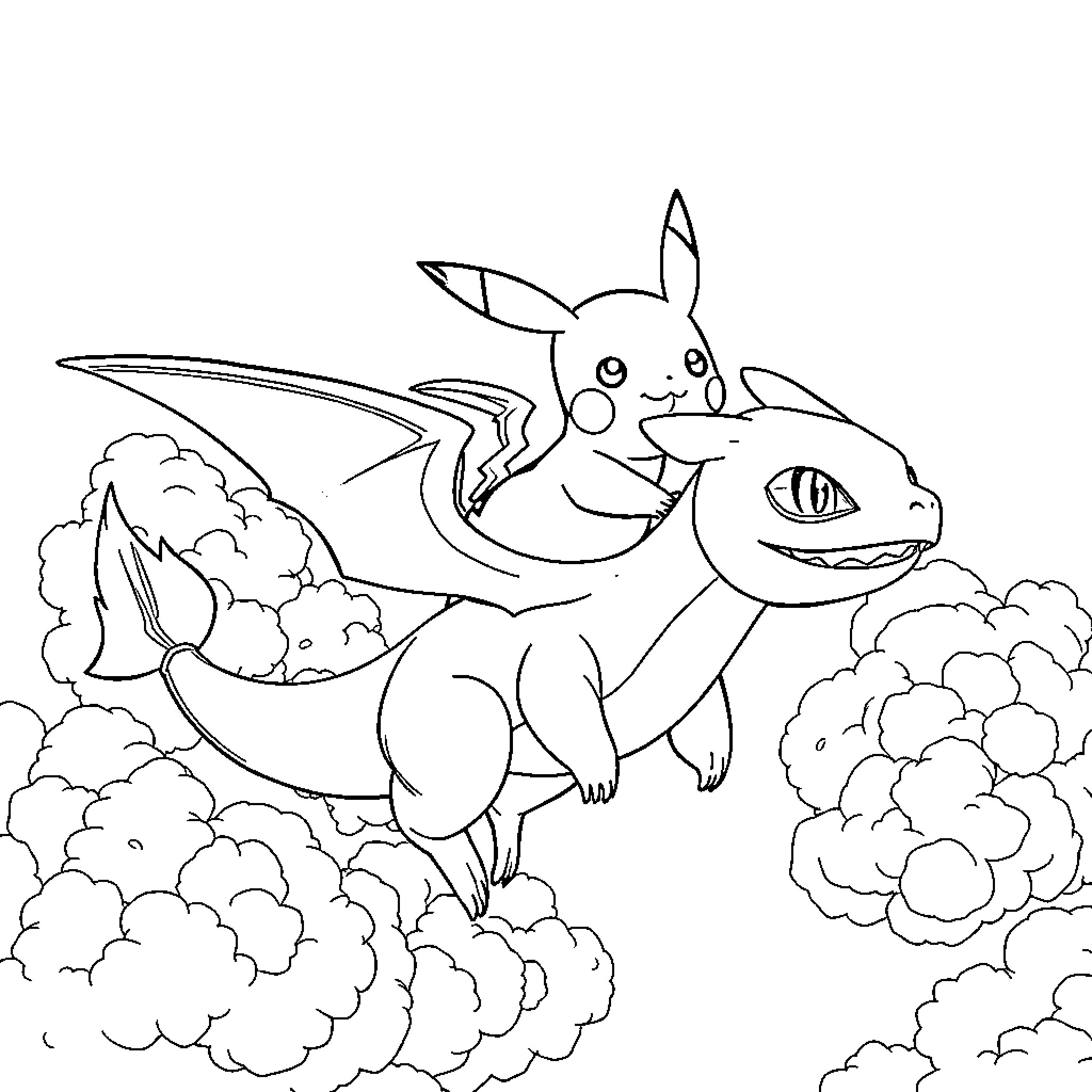 Pikachu riding a dragon in the clouds Coloring Page (free black-and-white line drawing printable PDF for all, from beginners to advanced learners, including children, teens, adults, and seniors)