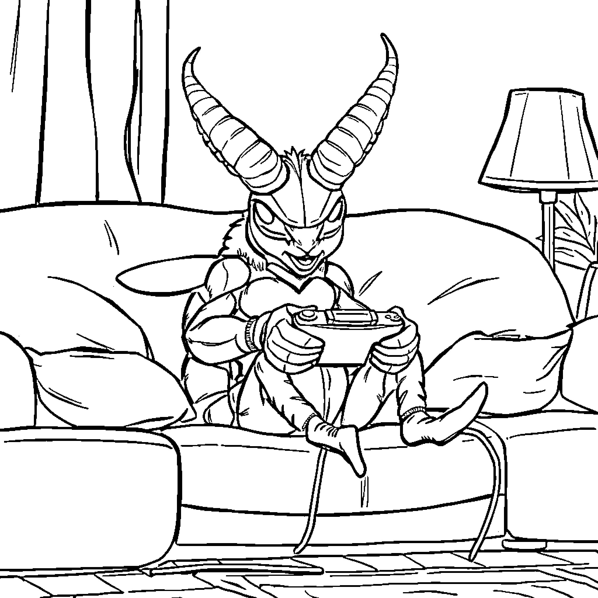 Hornet-like creature relaxing in a cozy environment Coloring Page (free black-and-white line drawing printable PDF for all, from beginners to advanced learners, including children, teens, adults, and seniors)
