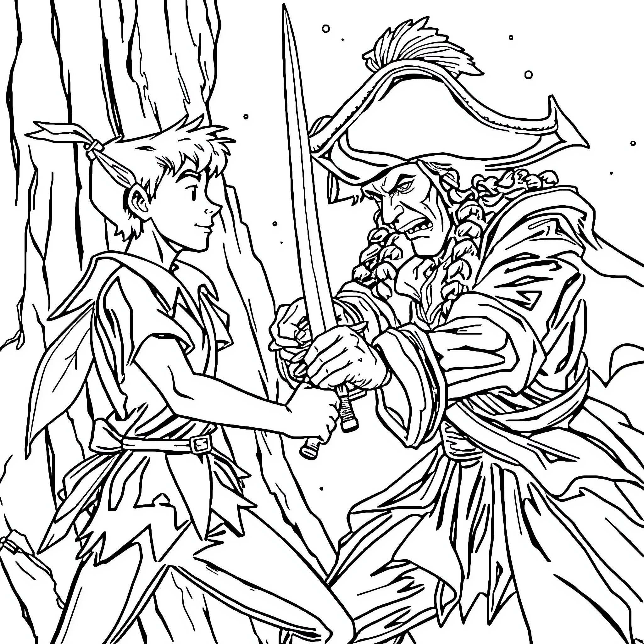 Peter Pan facing off against Captain Hook in the forest Coloring Page (free black-and-white line drawing printable PDF for all, from beginners to advanced learners, including children, teens, adults, and seniors)