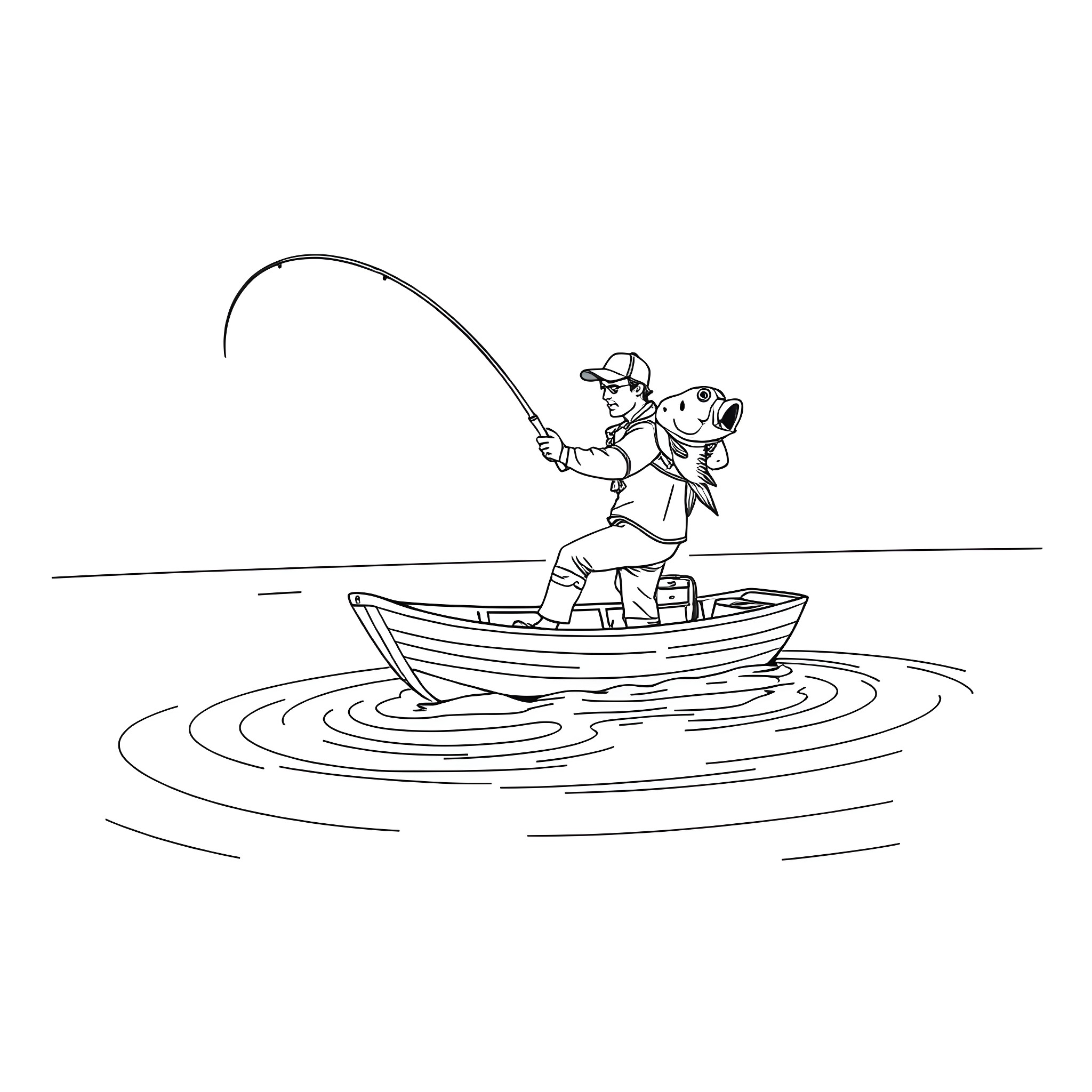 Fisherman casting his line from a boat Coloring Page (free black-and-white line drawing printable PDF for all, from beginners to advanced learners, including children, teens, adults, and seniors)