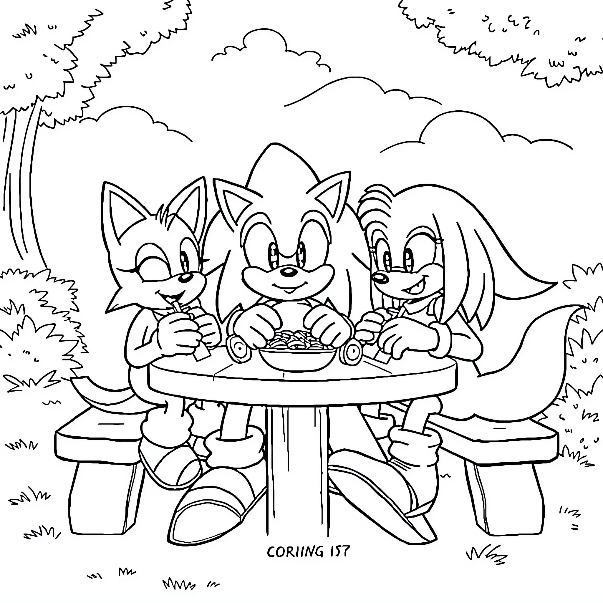 Sonic and friends having a picnic in the woods Coloring Page (free black-and-white line drawing printable PDF for all, from beginners to advanced learners, including children, teens, adults, and seniors)