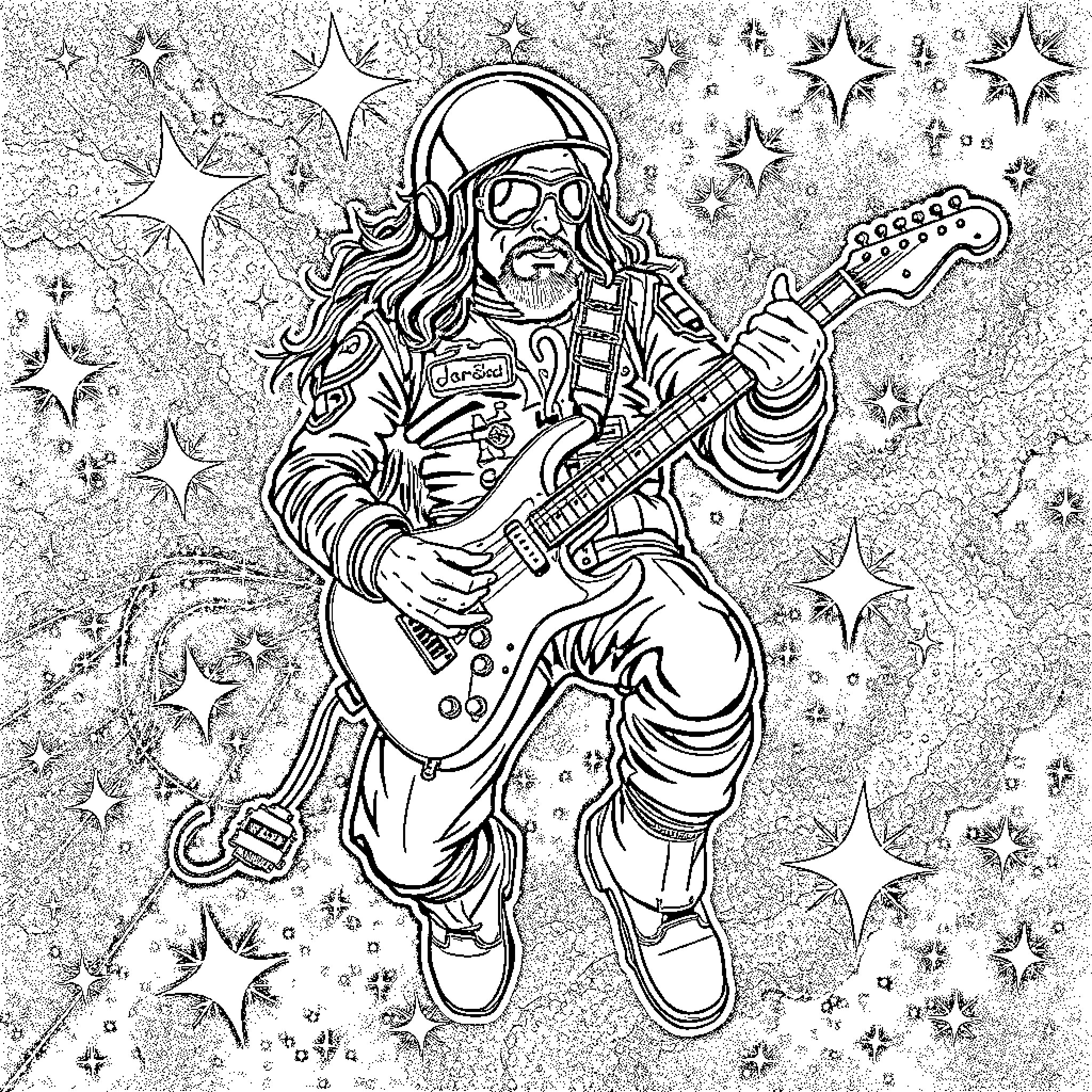 Ace Frehley's Cosmic Shredding Coloring Page (free black-and-white line drawing printable PDF for all, from beginners to advanced learners, including children, teens, adults, and seniors)