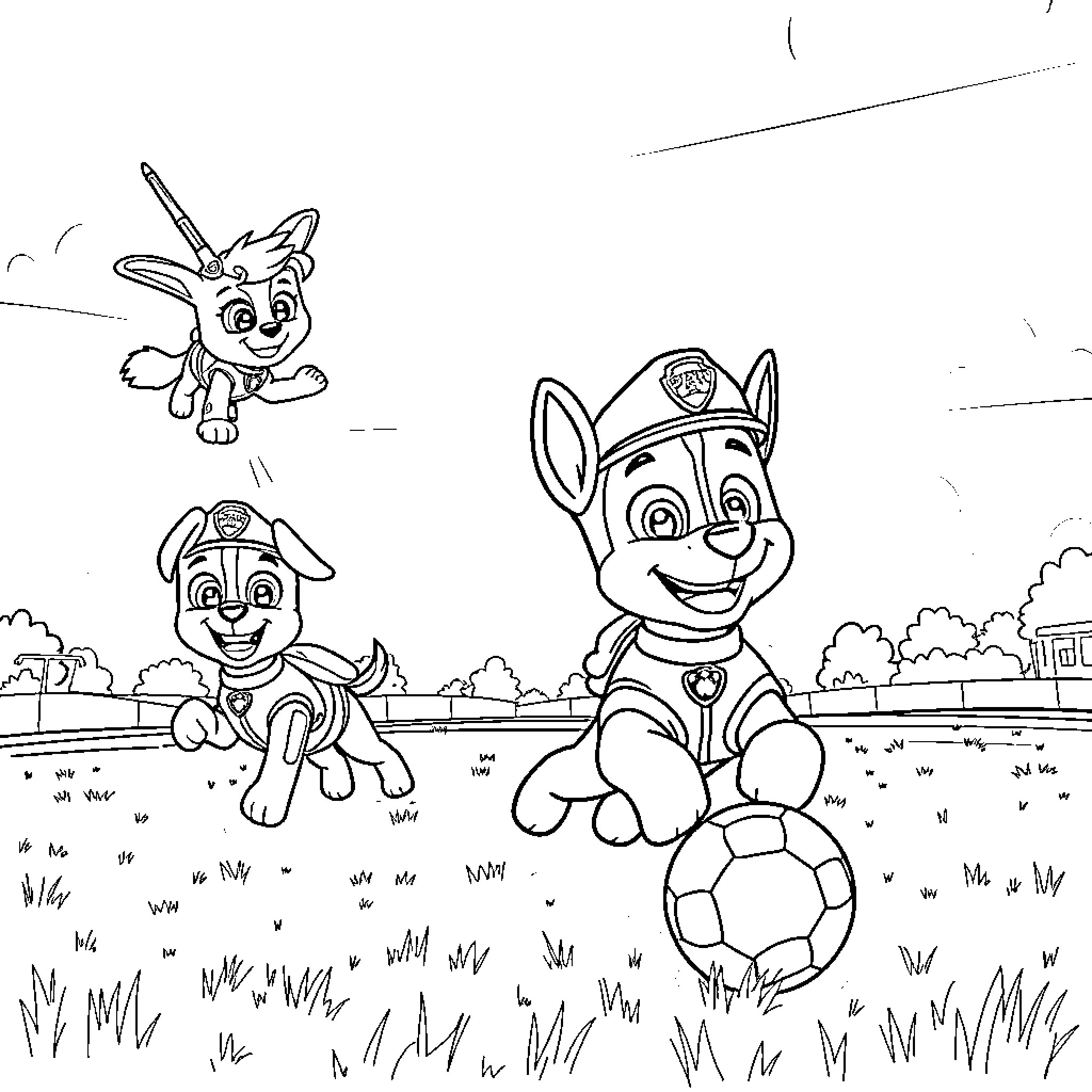 Paw Patrol pups playing with soccer ball Coloring Page (free black-and-white line drawing printable PDF for all, from beginners to advanced learners, including children, teens, adults, and seniors)