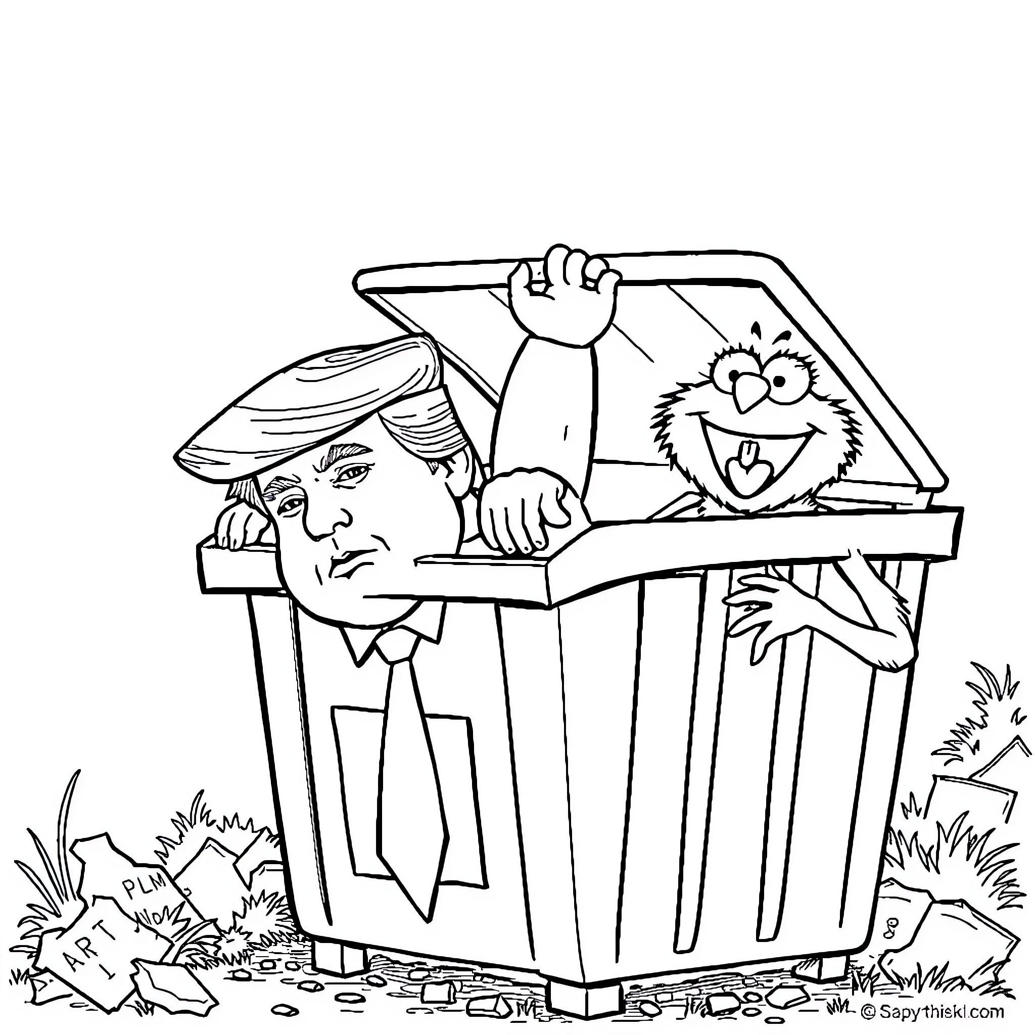Trump angrily tossing a pet monster from a trash can Coloring Page (free black-and-white line drawing printable PDF for all, from beginners to advanced learners, including children, teens, adults, and seniors)