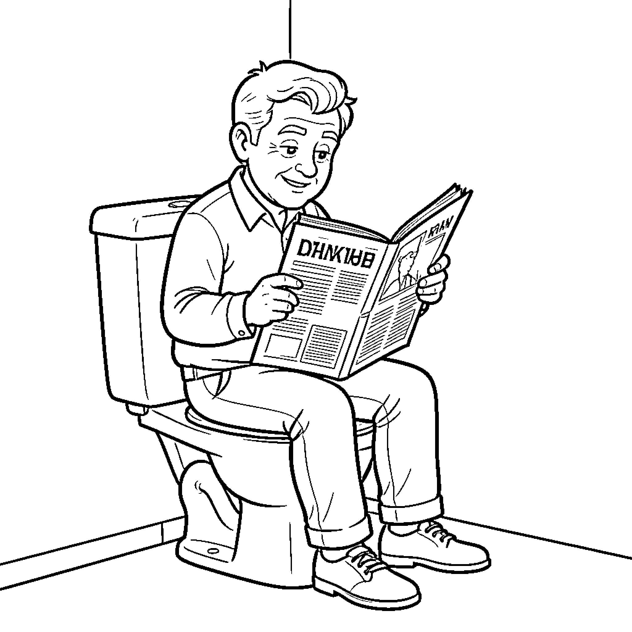 Dad sitting on a toilet reading a newspaper Coloring Page (free black-and-white line drawing printable PDF for all, from beginners to advanced learners, including children, teens, adults, and seniors)