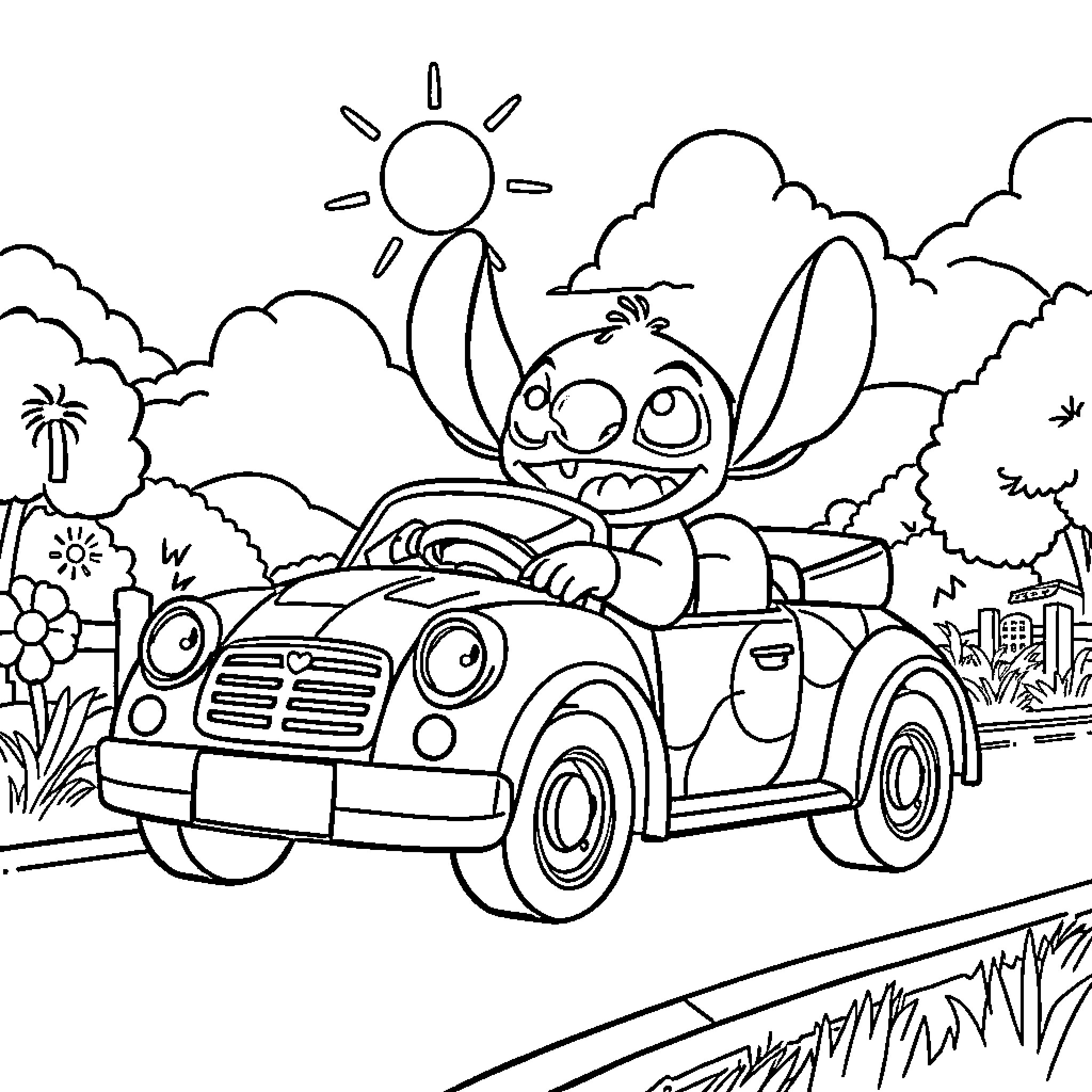 Stitch driving a car through a sunny landscape Coloring Page (free black-and-white line drawing printable PDF for all, from beginners to advanced learners, including children, teens, adults, and seniors)