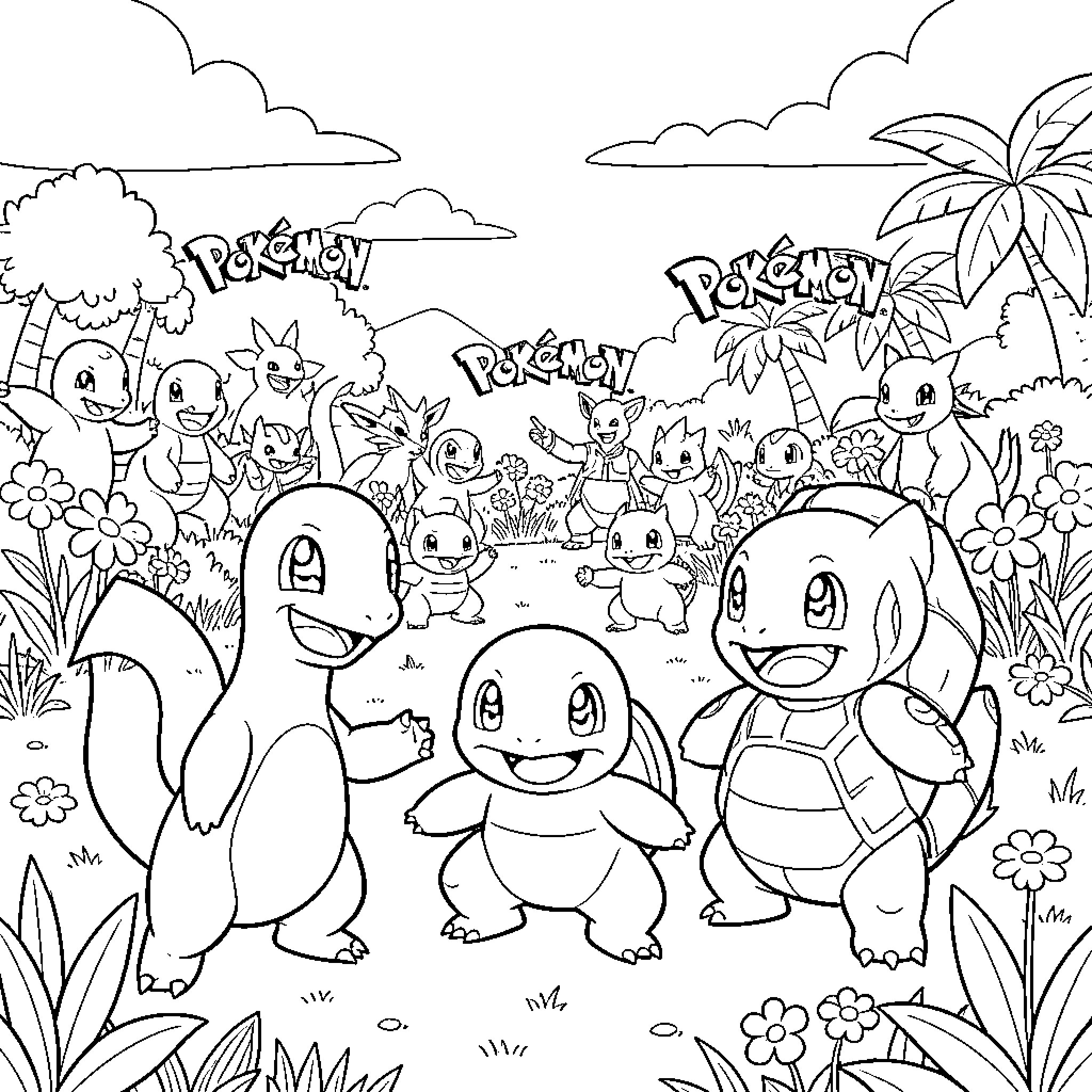 Pokemon Starter Characters in a Vibrant Outdoor Scene Coloring Page (free black-and-white line drawing printable PDF for all, from beginners to advanced learners, including children, teens, adults, and seniors)