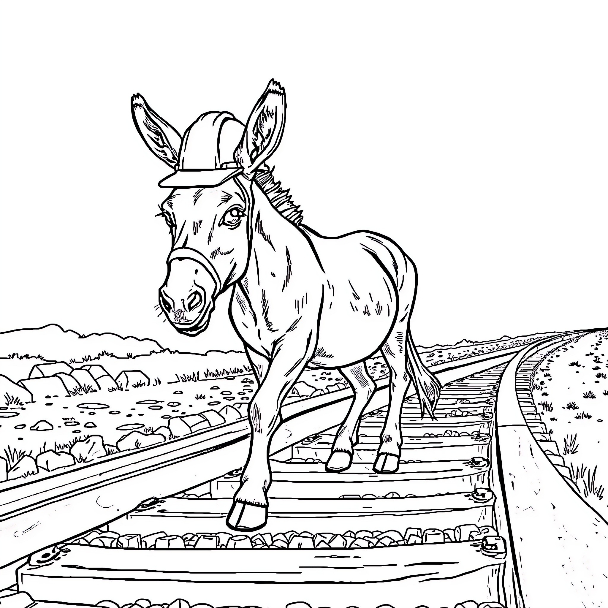 Donkey walking along a winding path in the countryside Coloring Page (free black-and-white line drawing printable PDF for all, from beginners to advanced learners, including children, teens, adults, and seniors)
