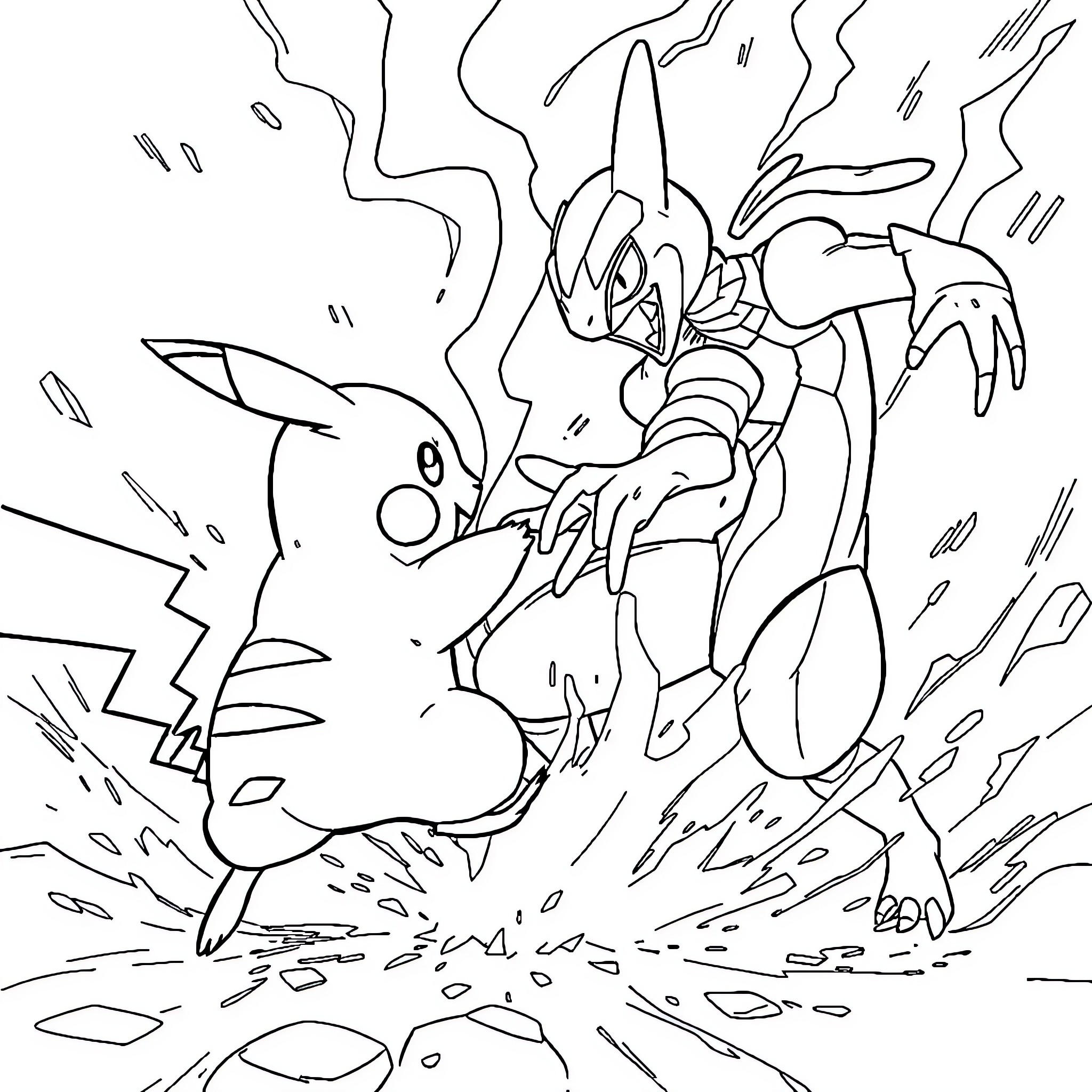 Pikachu fighting a fierce foe in an intense battle Coloring Page (free black-and-white line drawing printable PDF for all, from beginners to advanced learners, including children, teens, adults, and seniors)