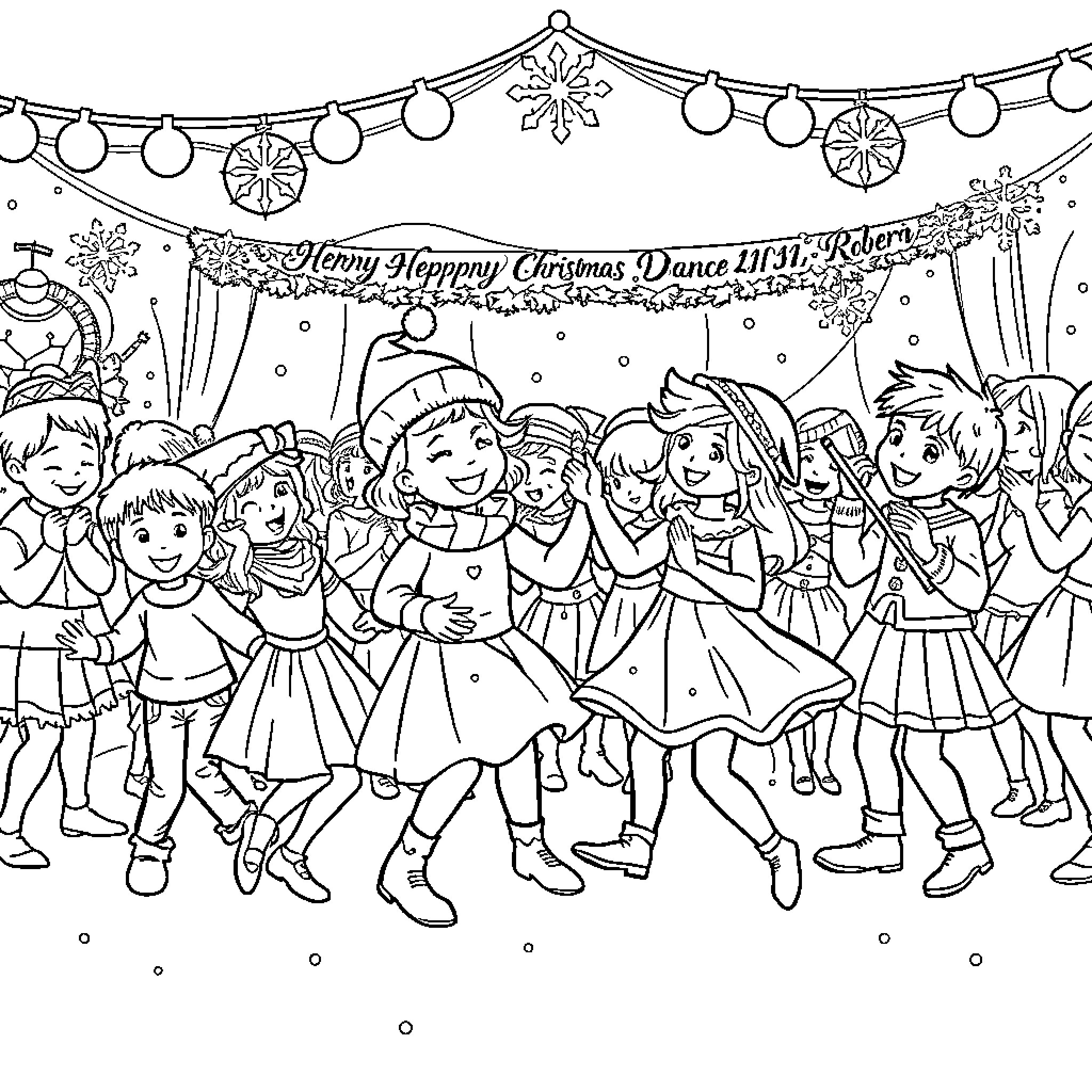 Dancer performing at a festive holiday celebration Coloring Page (free black-and-white line drawing printable PDF for all, from beginners to advanced learners, including children, teens, adults, and seniors)