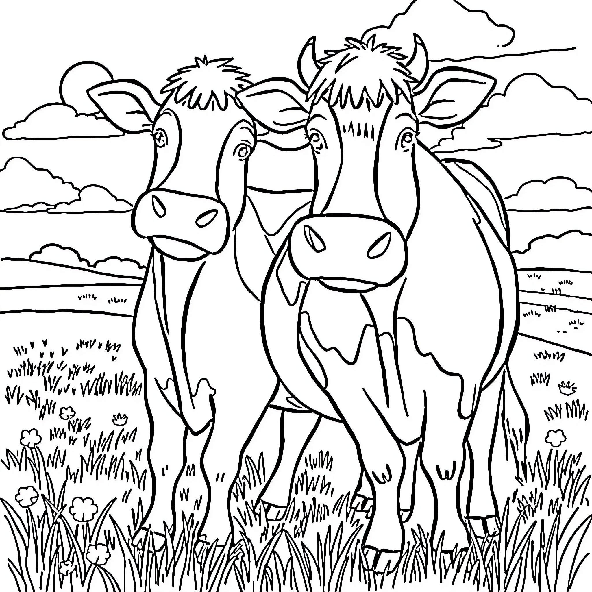 Charly Broow's curious cows in the countryside Coloring Page (free black-and-white line drawing printable PDF for all, from beginners to advanced learners, including children, teens, adults, and seniors)