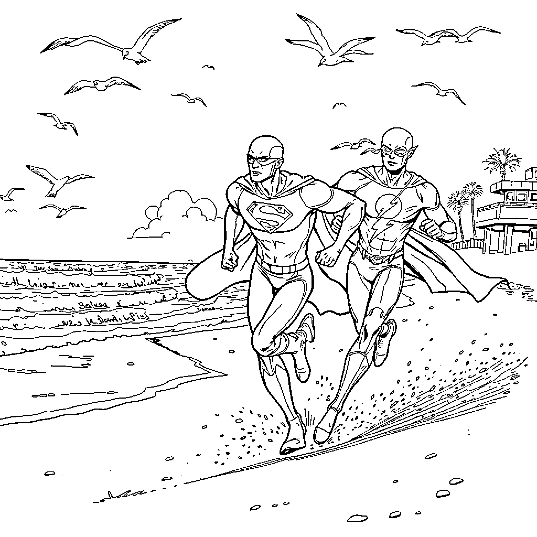 Superman and Flash racing along the beach Coloring Page (free black-and-white line drawing printable PDF for all, from beginners to advanced learners, including children, teens, adults, and seniors)