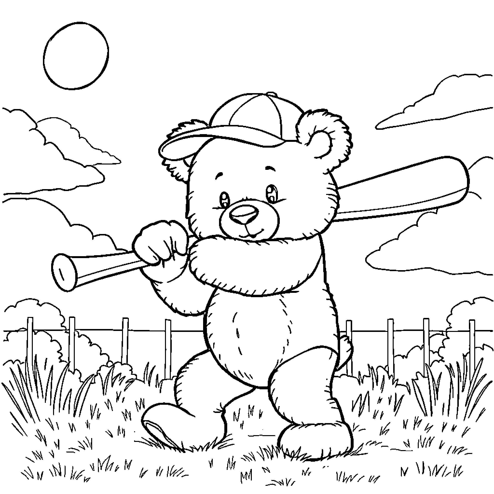 Teddy Bear Exploring the Outdoors with Telescope Coloring Page (free black-and-white line drawing printable PDF for all, from beginners to advanced learners, including children, teens, adults, and seniors)